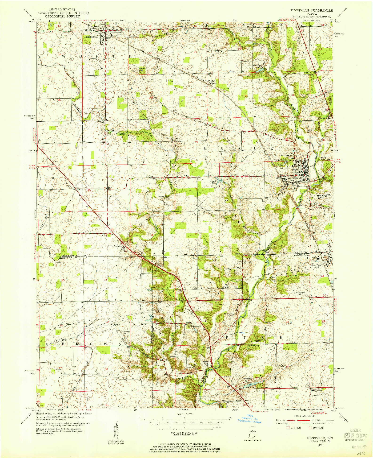 USGS 1:24000-SCALE QUADRANGLE FOR ZIONSVILLE, IN 1953
