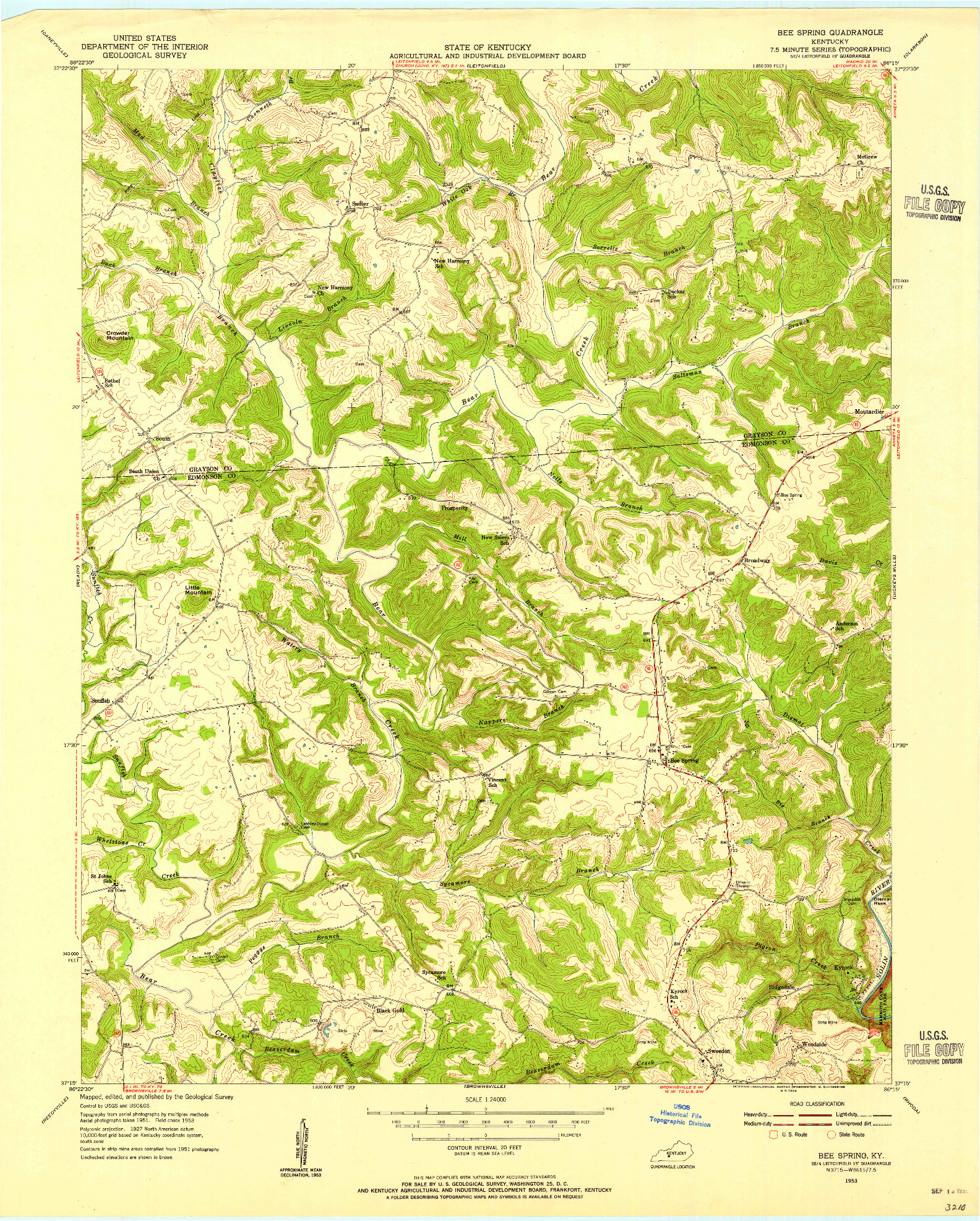 USGS 1:24000-SCALE QUADRANGLE FOR BEE SPRING, KY 1953