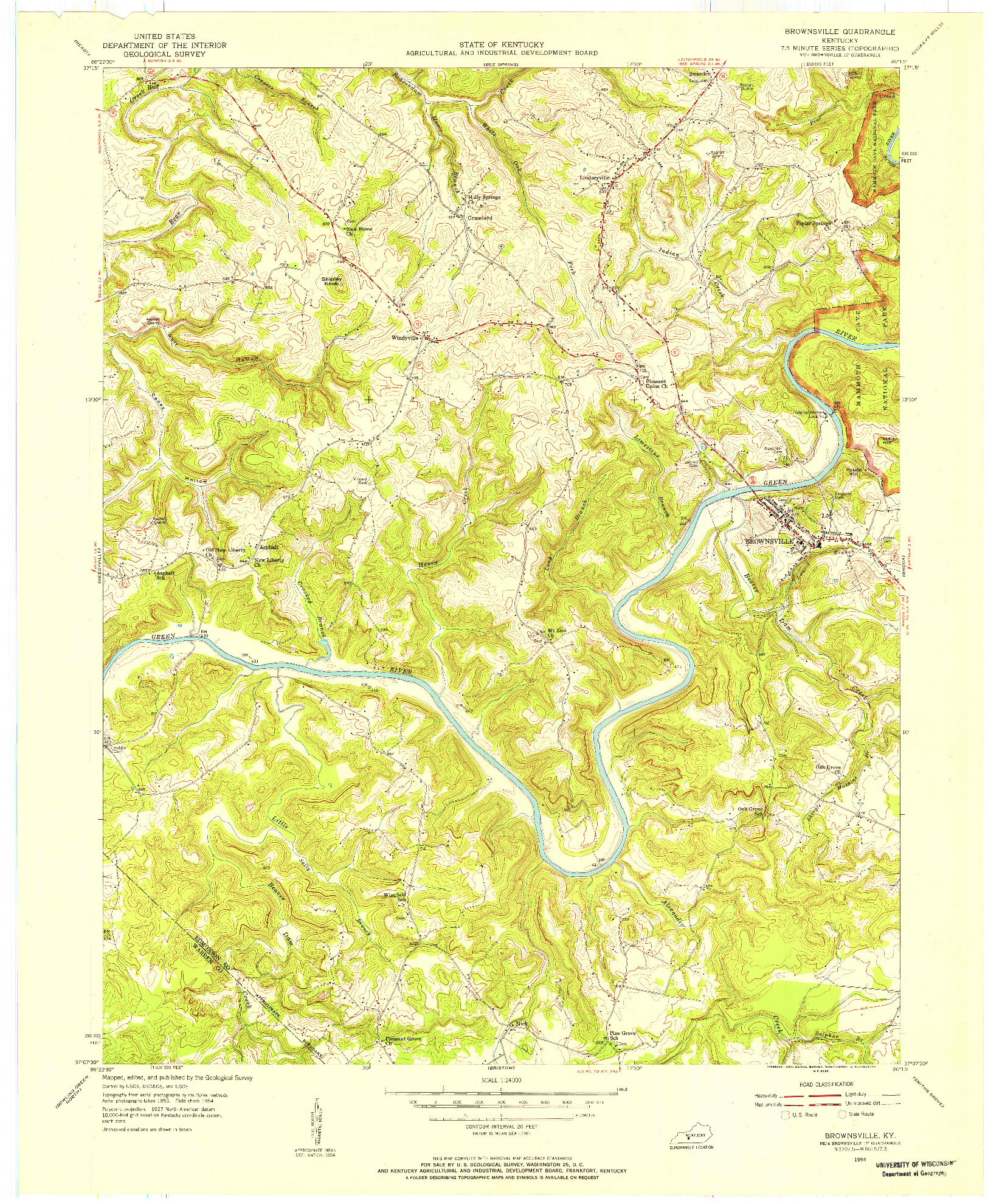 USGS 1:24000-SCALE QUADRANGLE FOR BROWNSVILLE, KY 1954