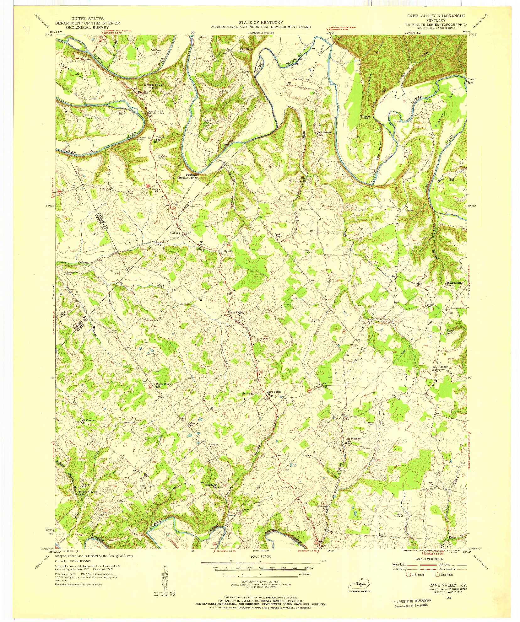 USGS 1:24000-SCALE QUADRANGLE FOR CANE VALLEY, KY 1953