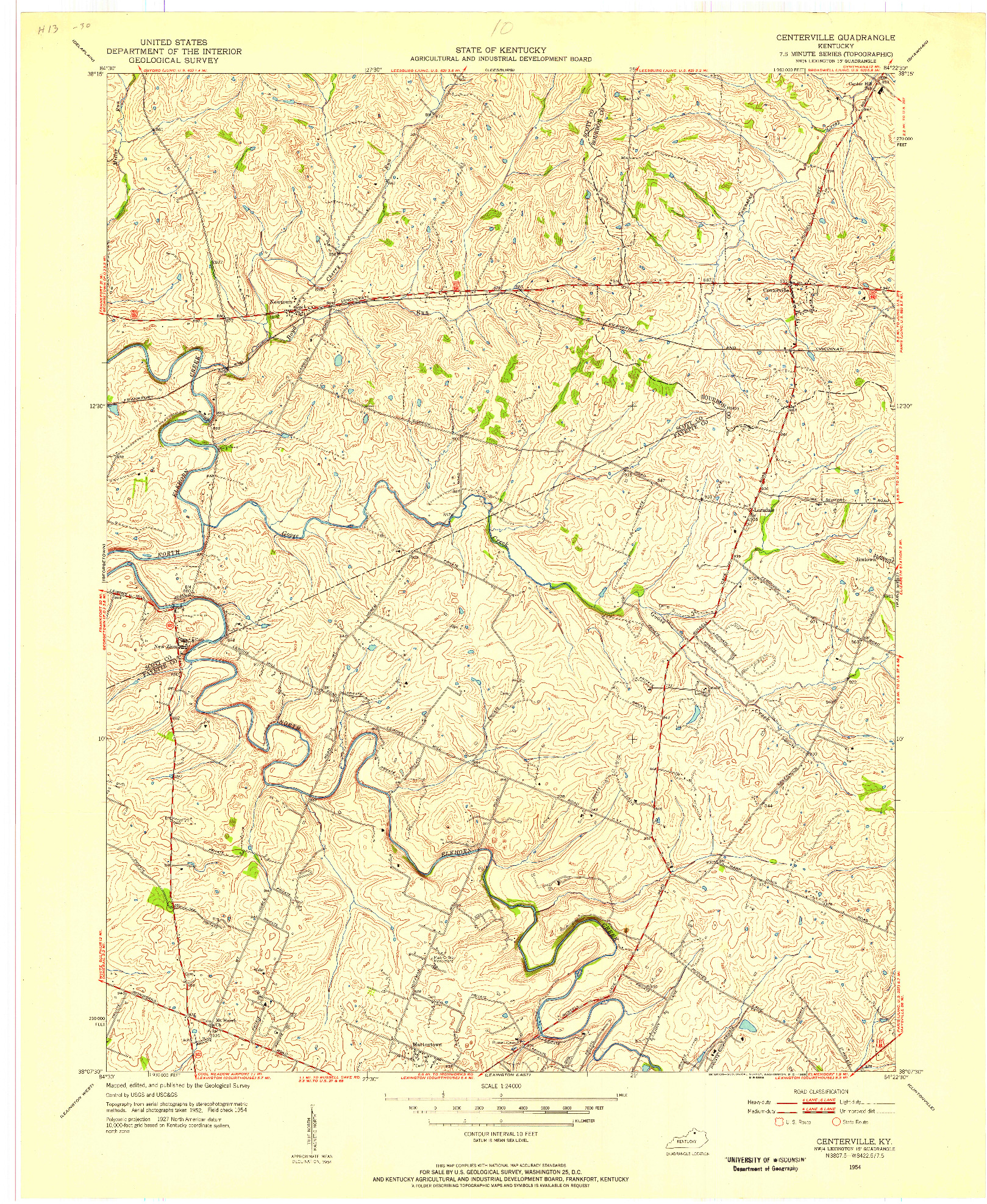 USGS 1:24000-SCALE QUADRANGLE FOR CENTERVILLE, KY 1954