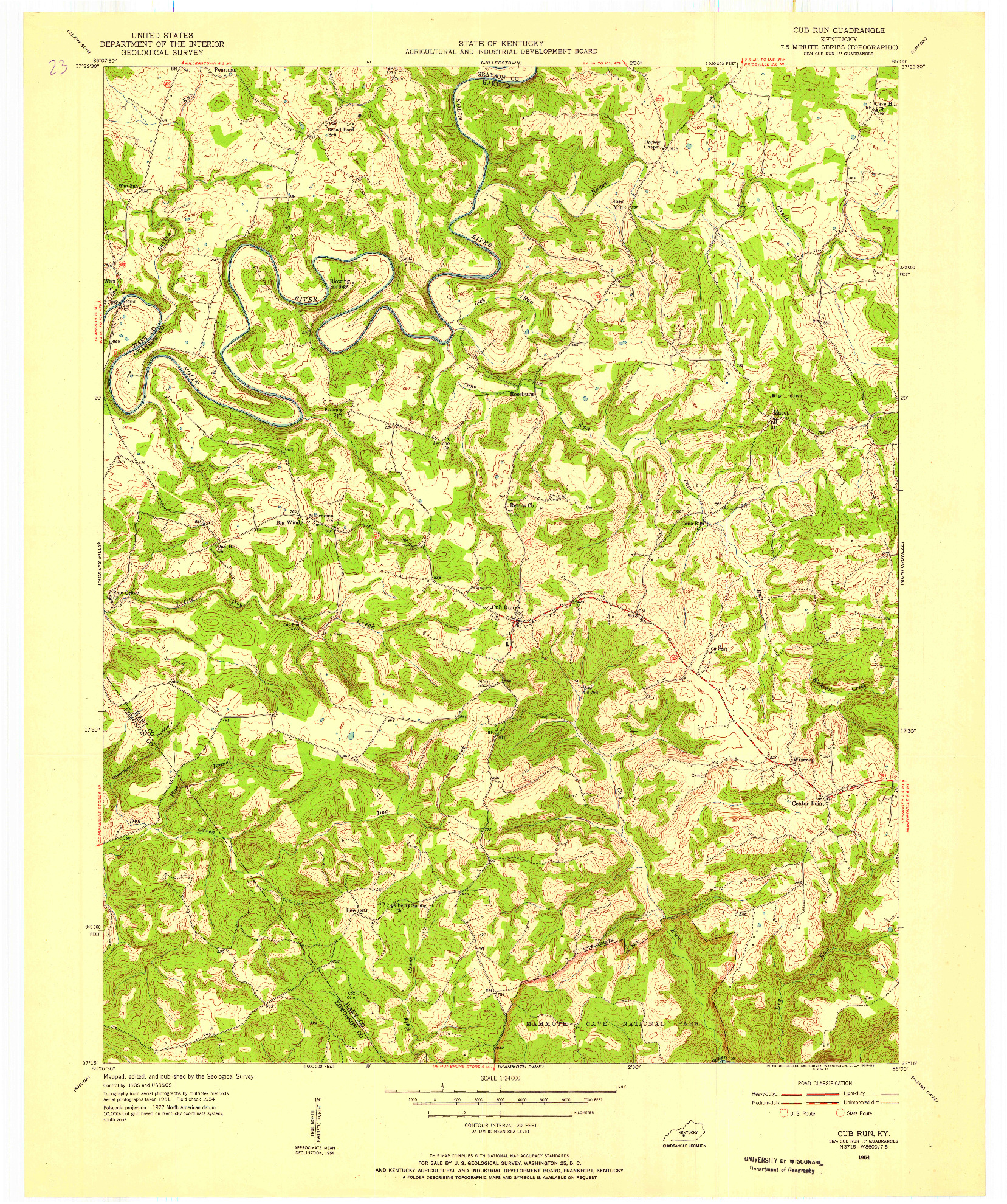 USGS 1:24000-SCALE QUADRANGLE FOR CUB RUN, KY 1954