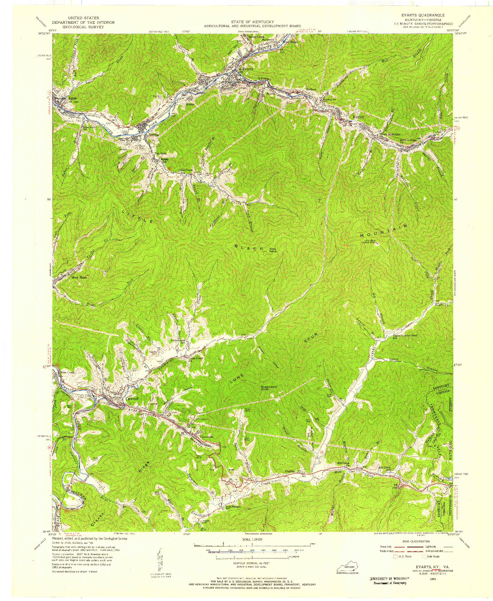 USGS 1:24000-SCALE QUADRANGLE FOR EVARTS, KY 1954