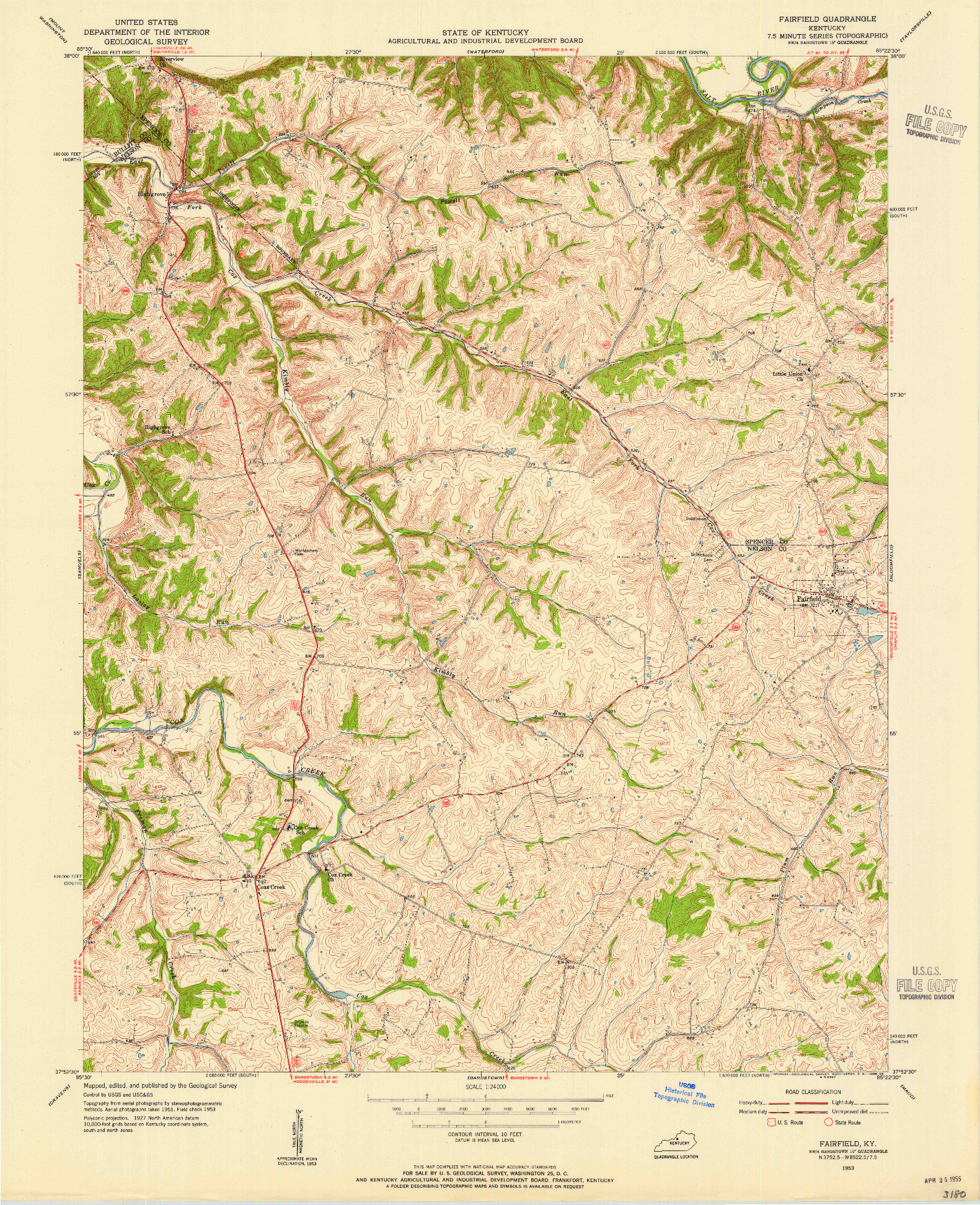 USGS 1:24000-SCALE QUADRANGLE FOR FAIRFIELD, KY 1953