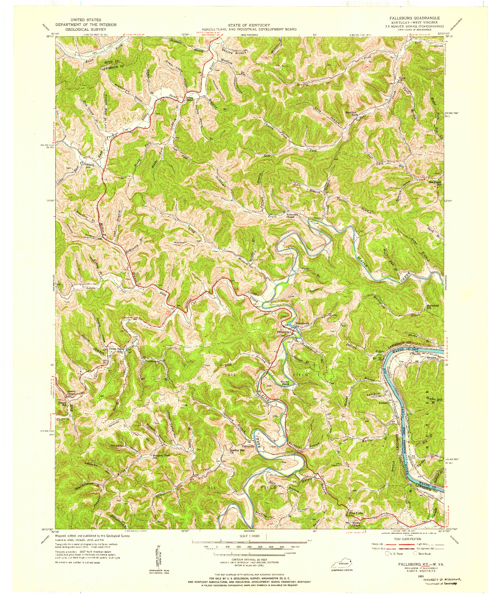 USGS 1:24000-SCALE QUADRANGLE FOR FALLSBURG, KY 1953