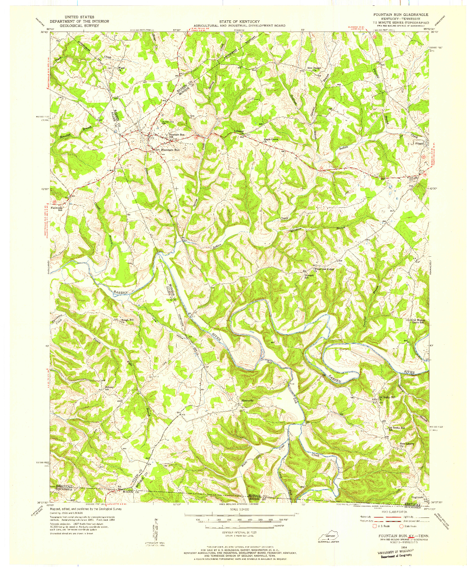 USGS 1:24000-SCALE QUADRANGLE FOR FOUNTAIN RUN, KY 1954