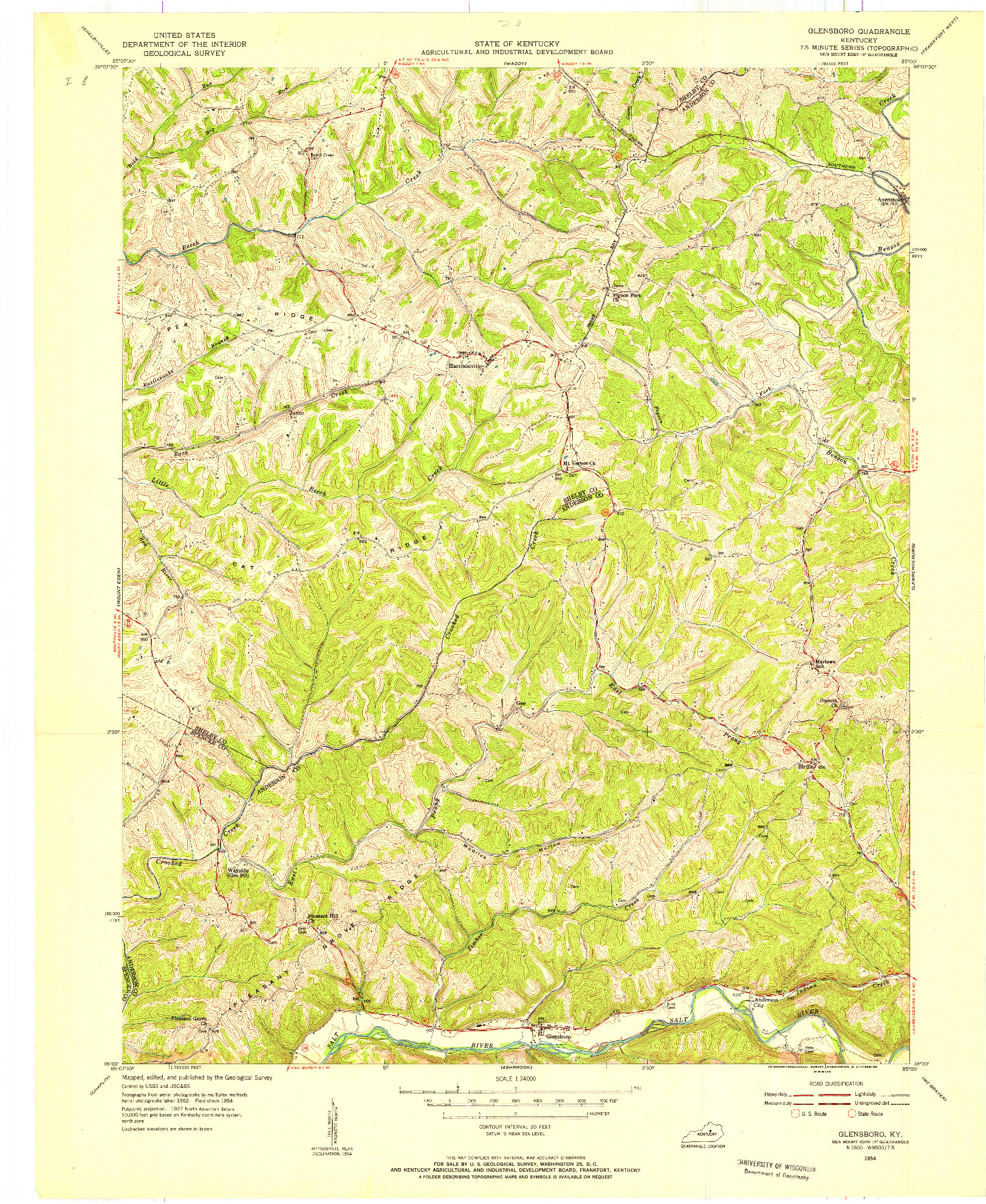 USGS 1:24000-SCALE QUADRANGLE FOR GLENSBORO, KY 1954