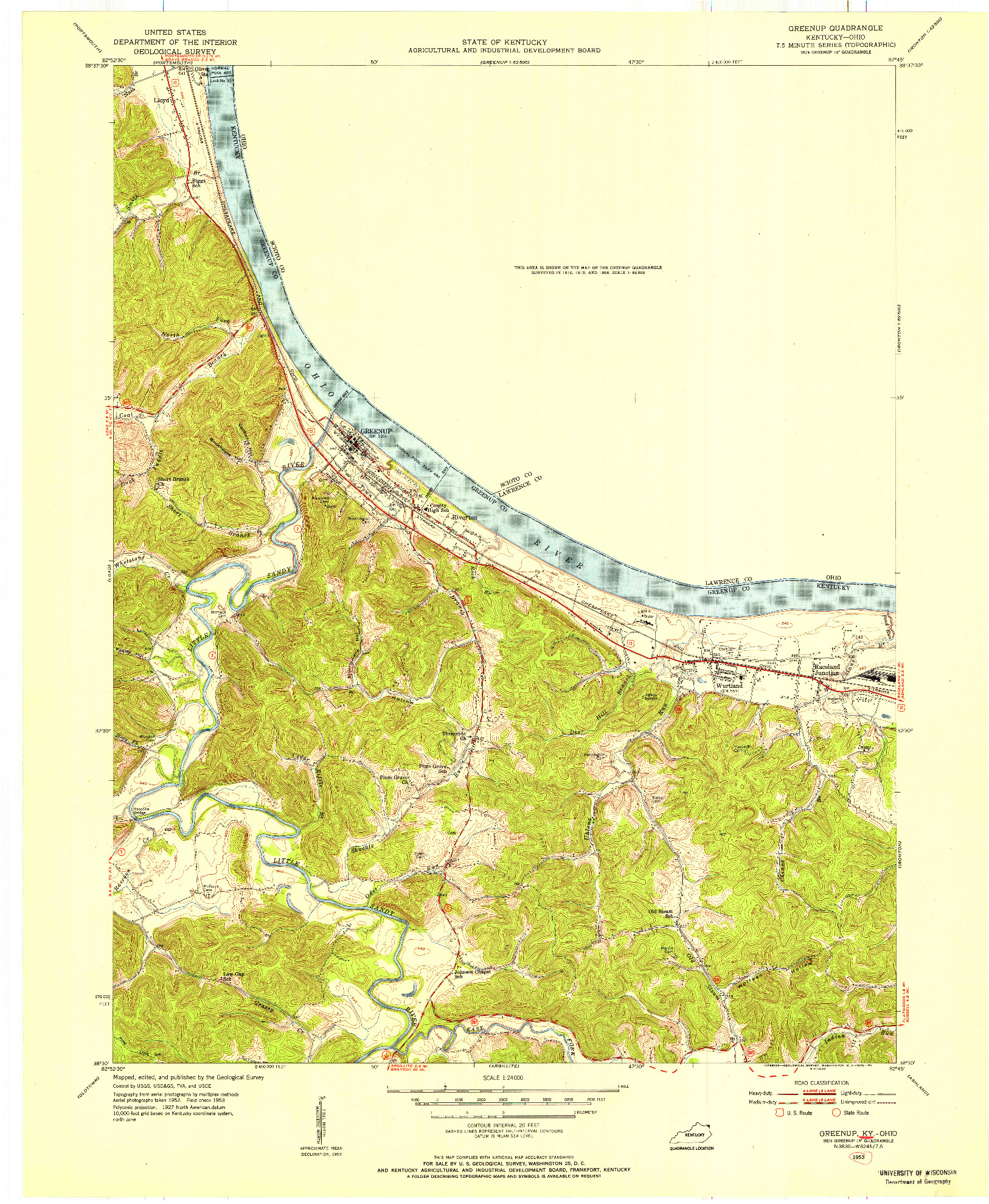 USGS 1:24000-SCALE QUADRANGLE FOR GREENUP, KY 1953