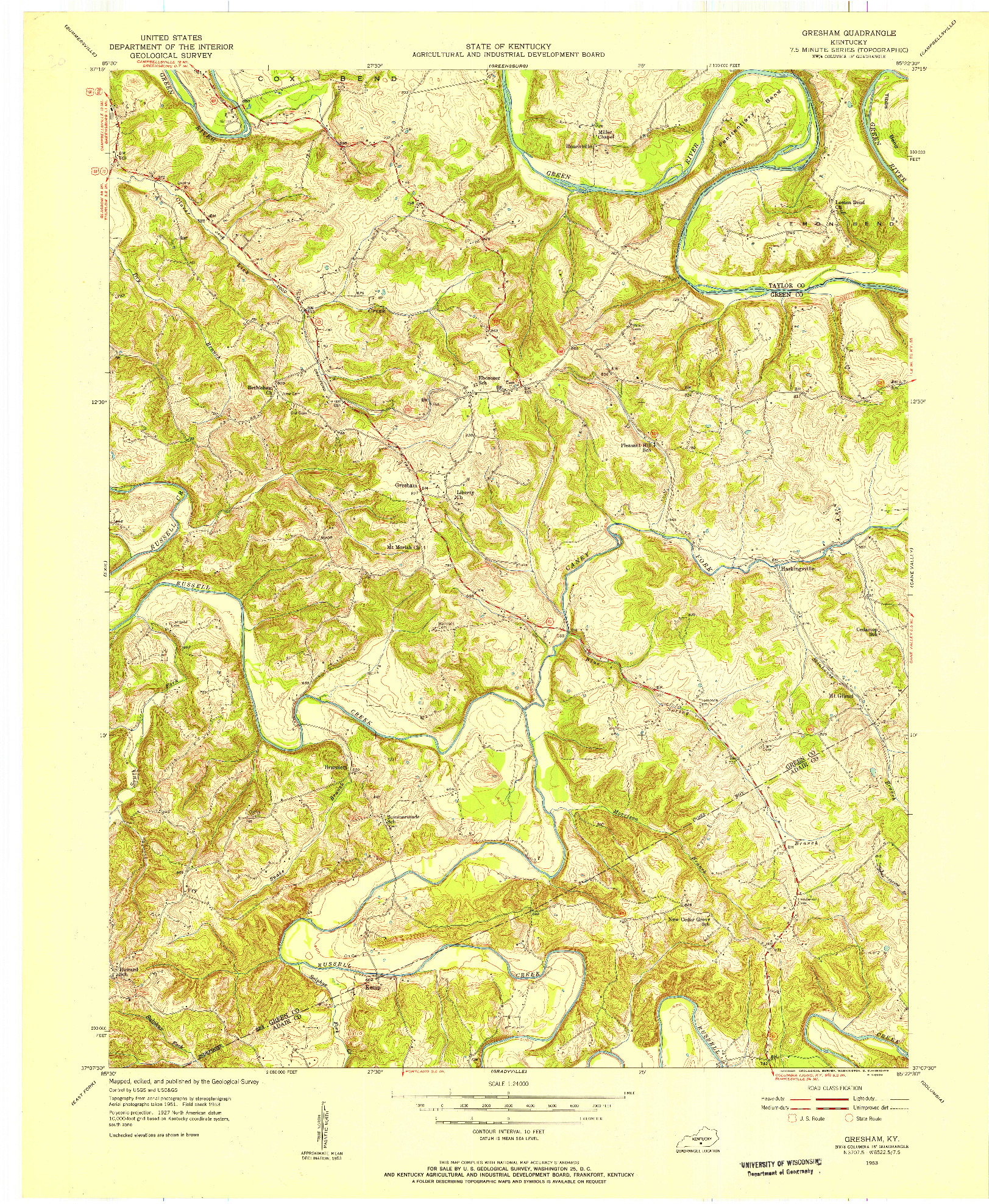 USGS 1:24000-SCALE QUADRANGLE FOR GRESHAM, KY 1953