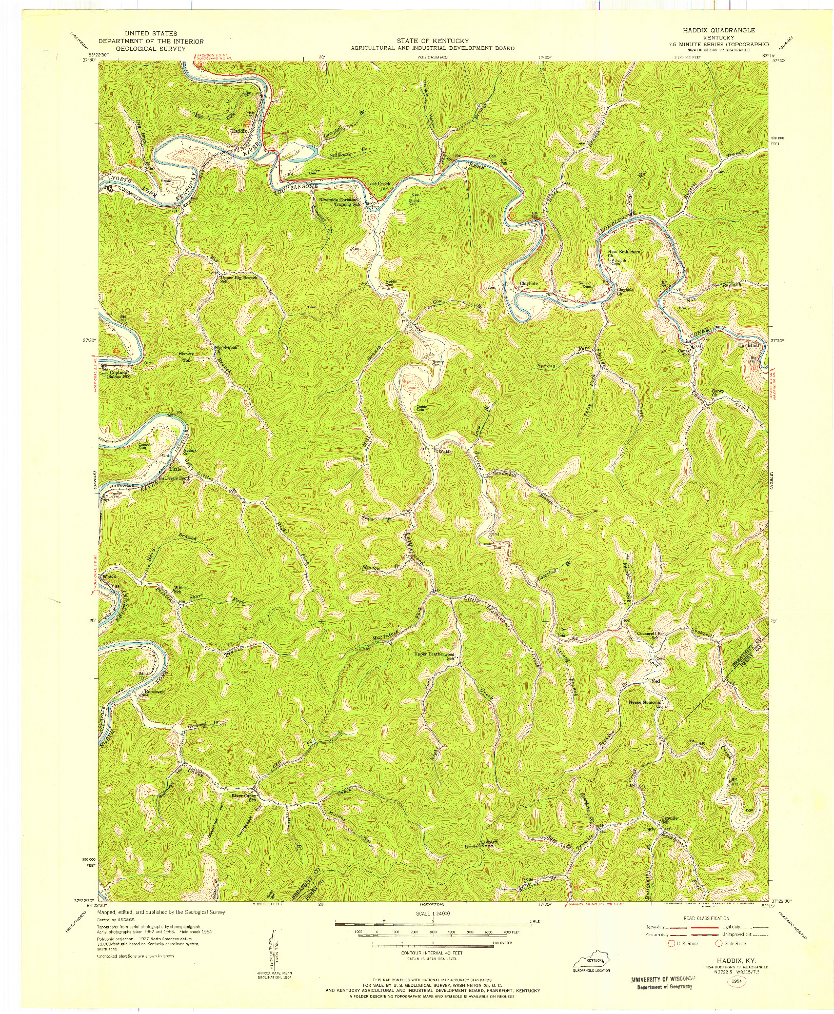 USGS 1:24000-SCALE QUADRANGLE FOR HADDIX, KY 1954