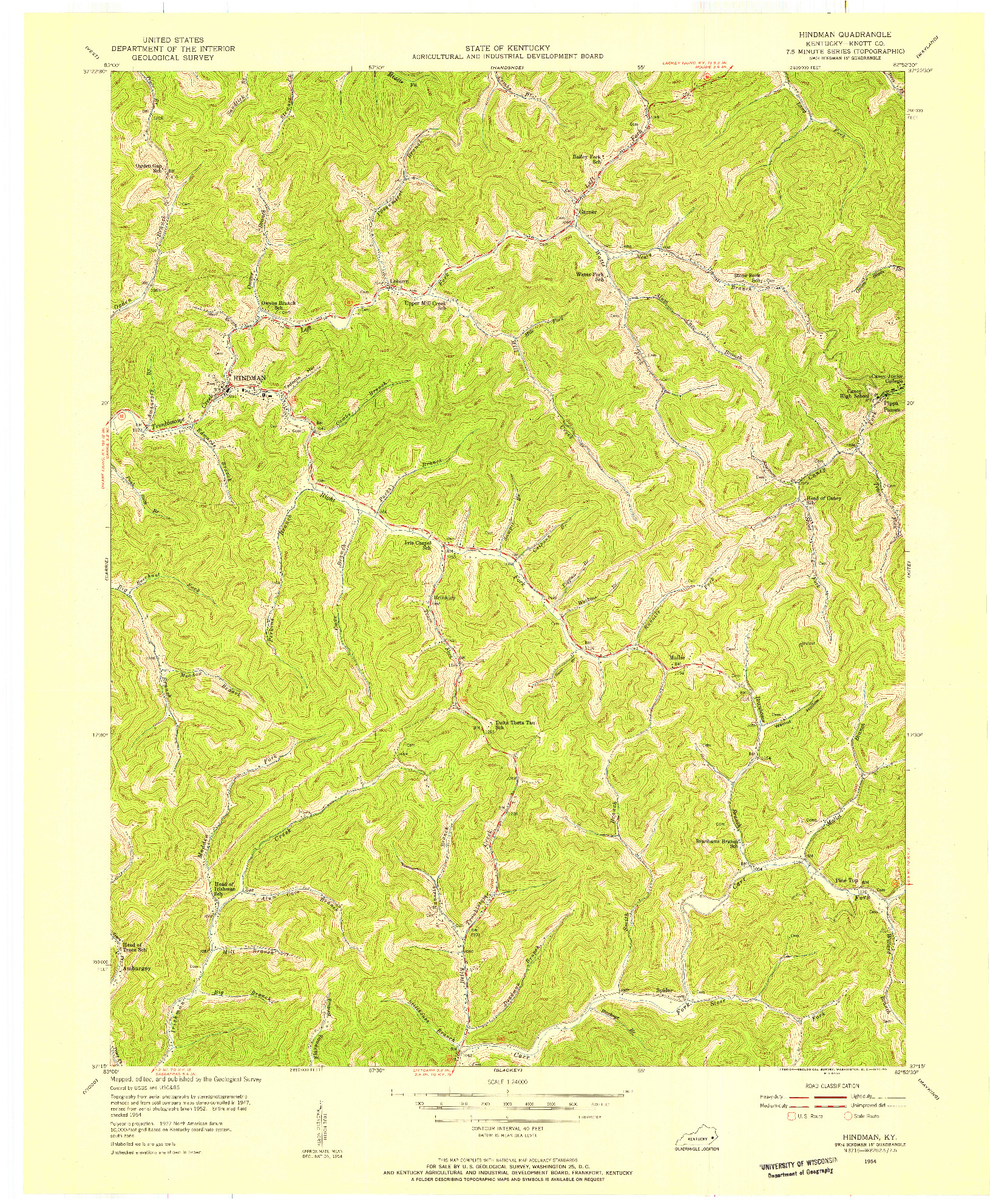 USGS 1:24000-SCALE QUADRANGLE FOR HINDMAN, KY 1954