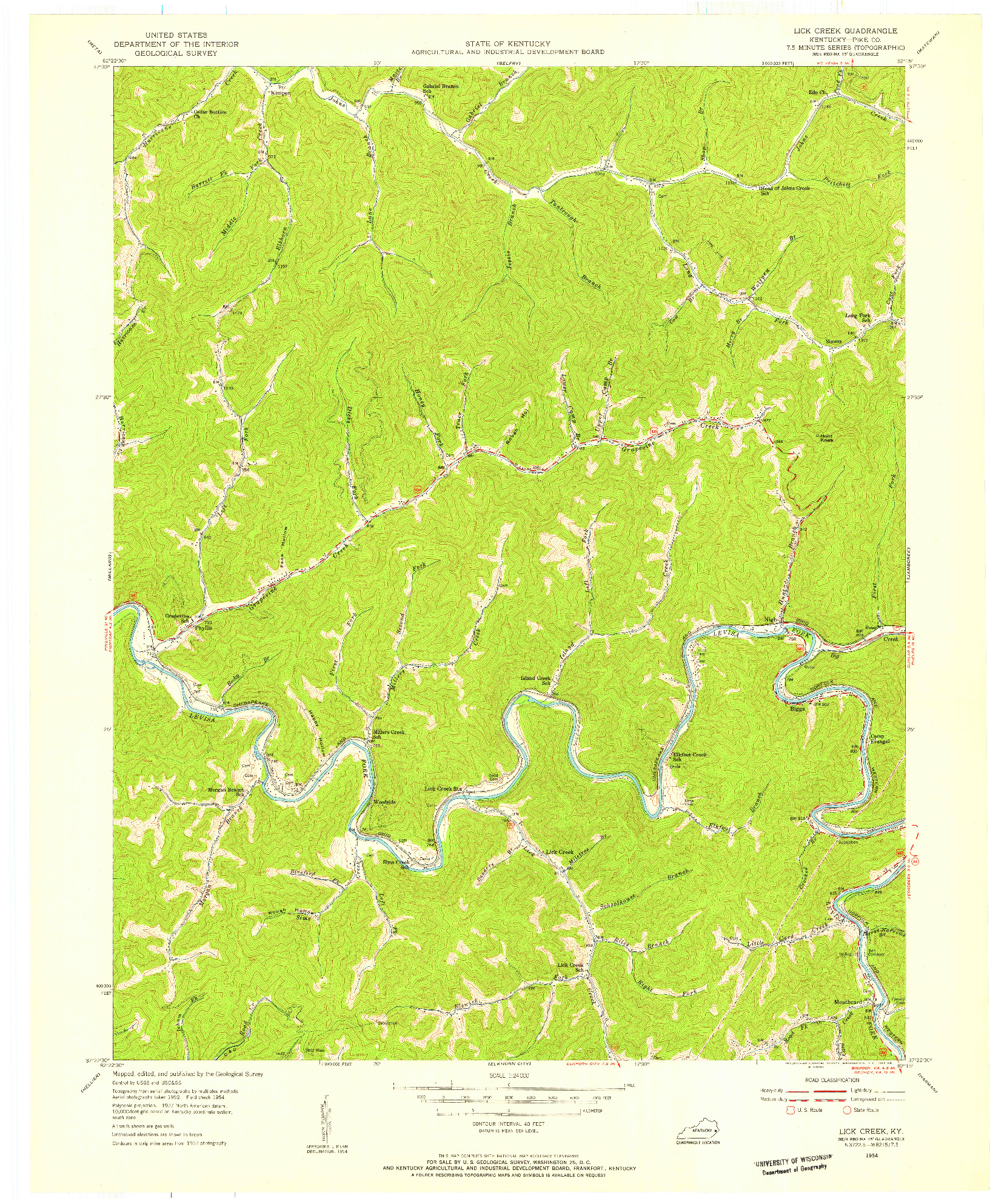 USGS 1:24000-SCALE QUADRANGLE FOR LICK CREEK, KY 1954