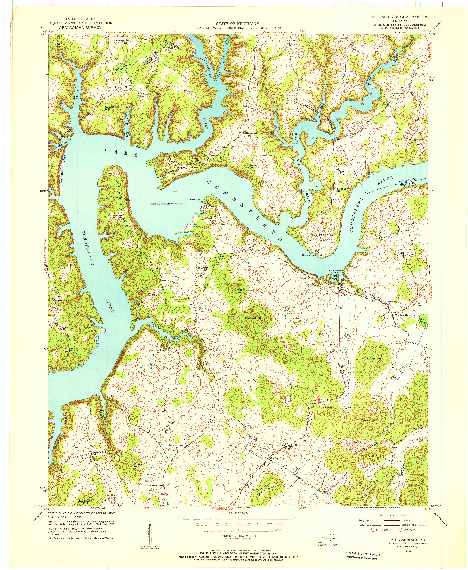 USGS 1:24000-SCALE QUADRANGLE FOR MILL SPRINGS, KY 1953