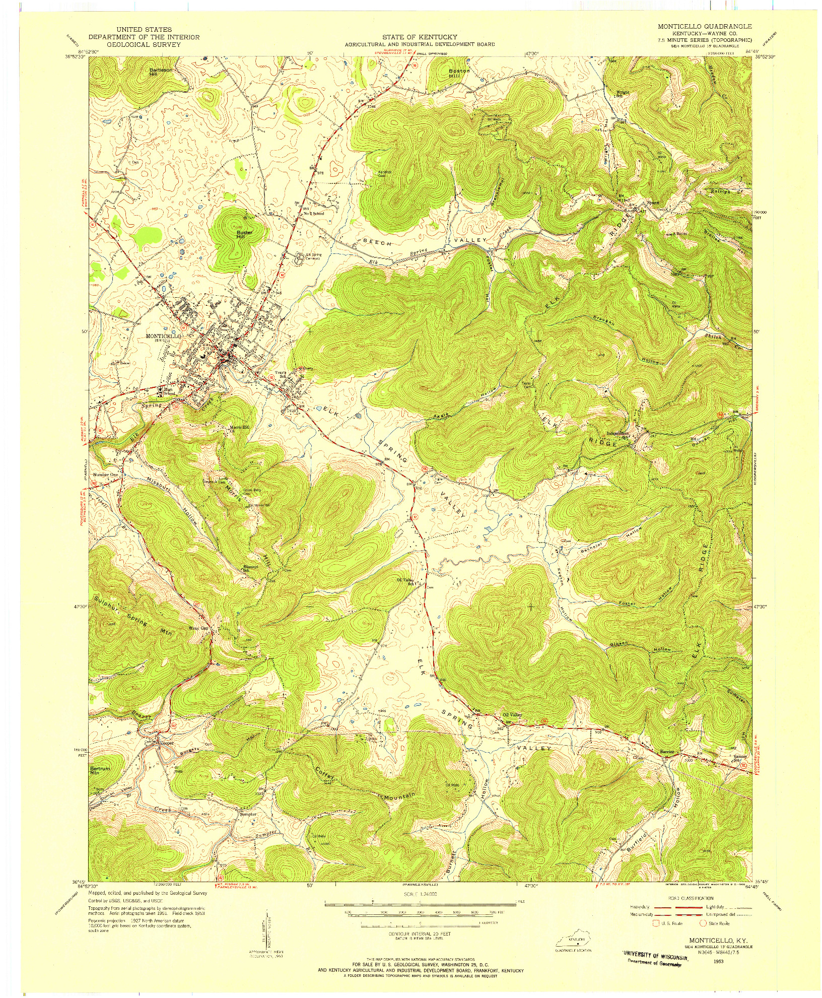USGS 1:24000-SCALE QUADRANGLE FOR MONTICELLO, KY 1953