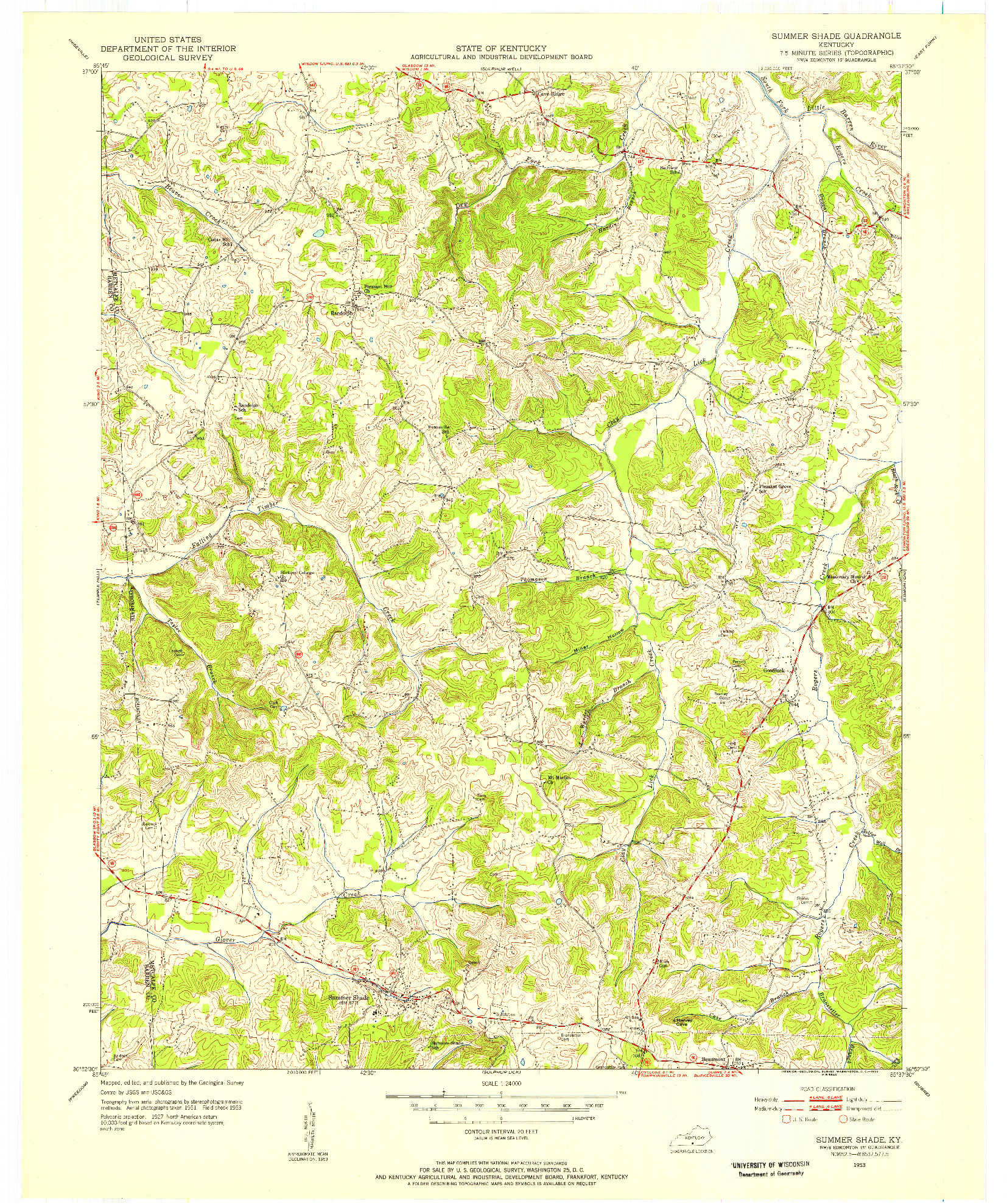 USGS 1:24000-SCALE QUADRANGLE FOR SUMMER SHADE, KY 1953