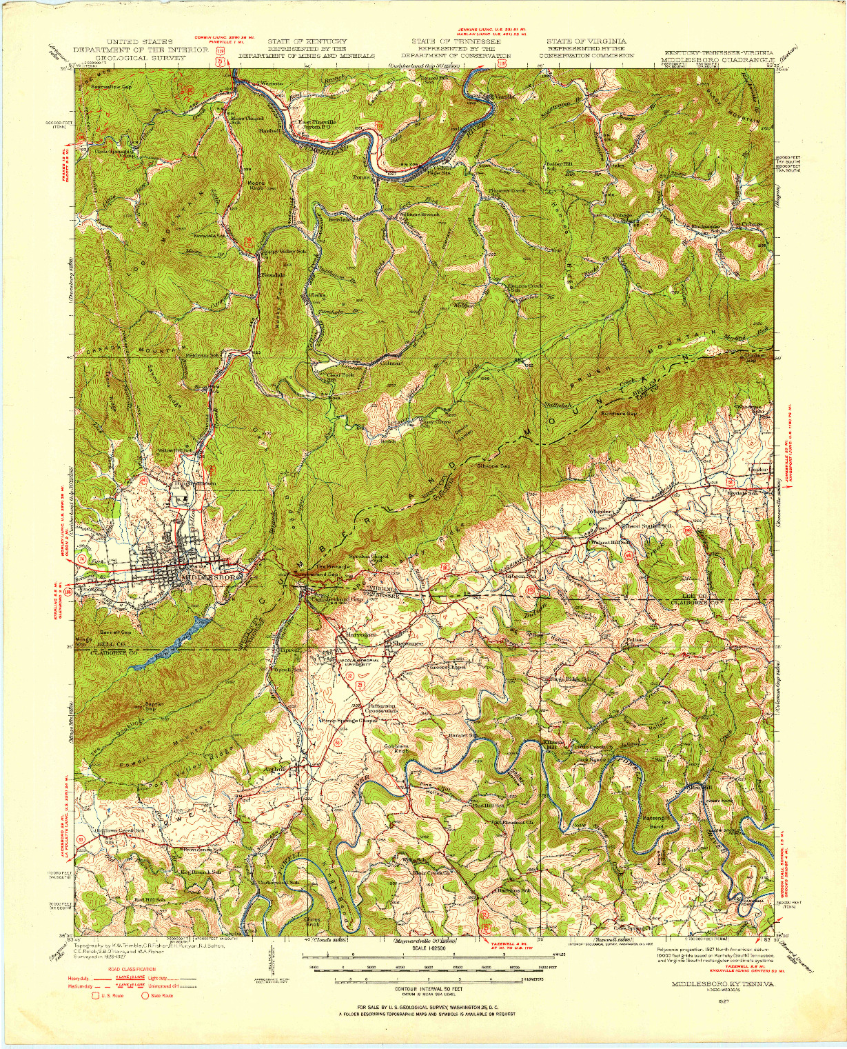 USGS 1:62500-SCALE QUADRANGLE FOR MIDDLESBORO, KY 1927