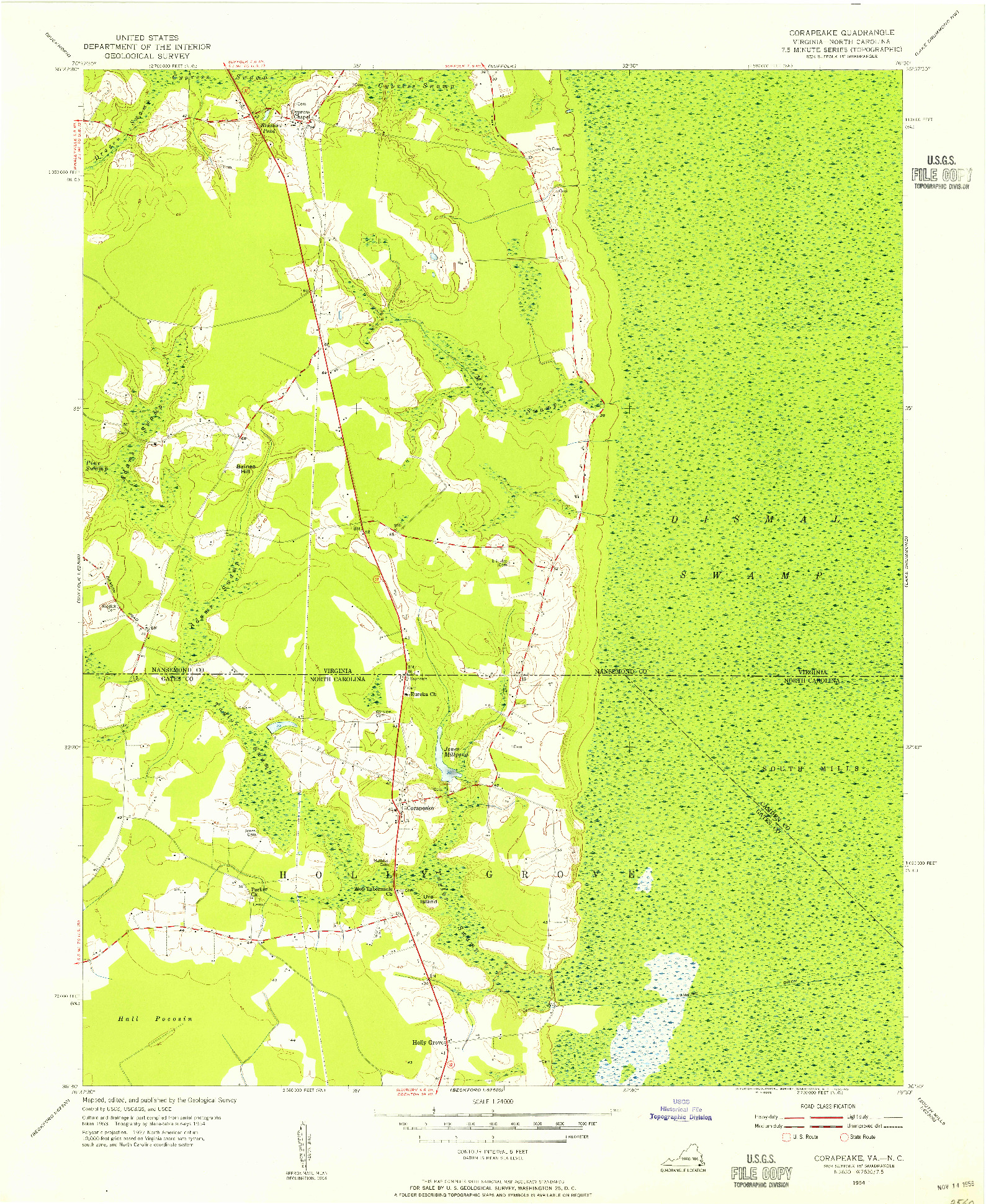 USGS 1:24000-SCALE QUADRANGLE FOR CORAPEAKE, VA 1954