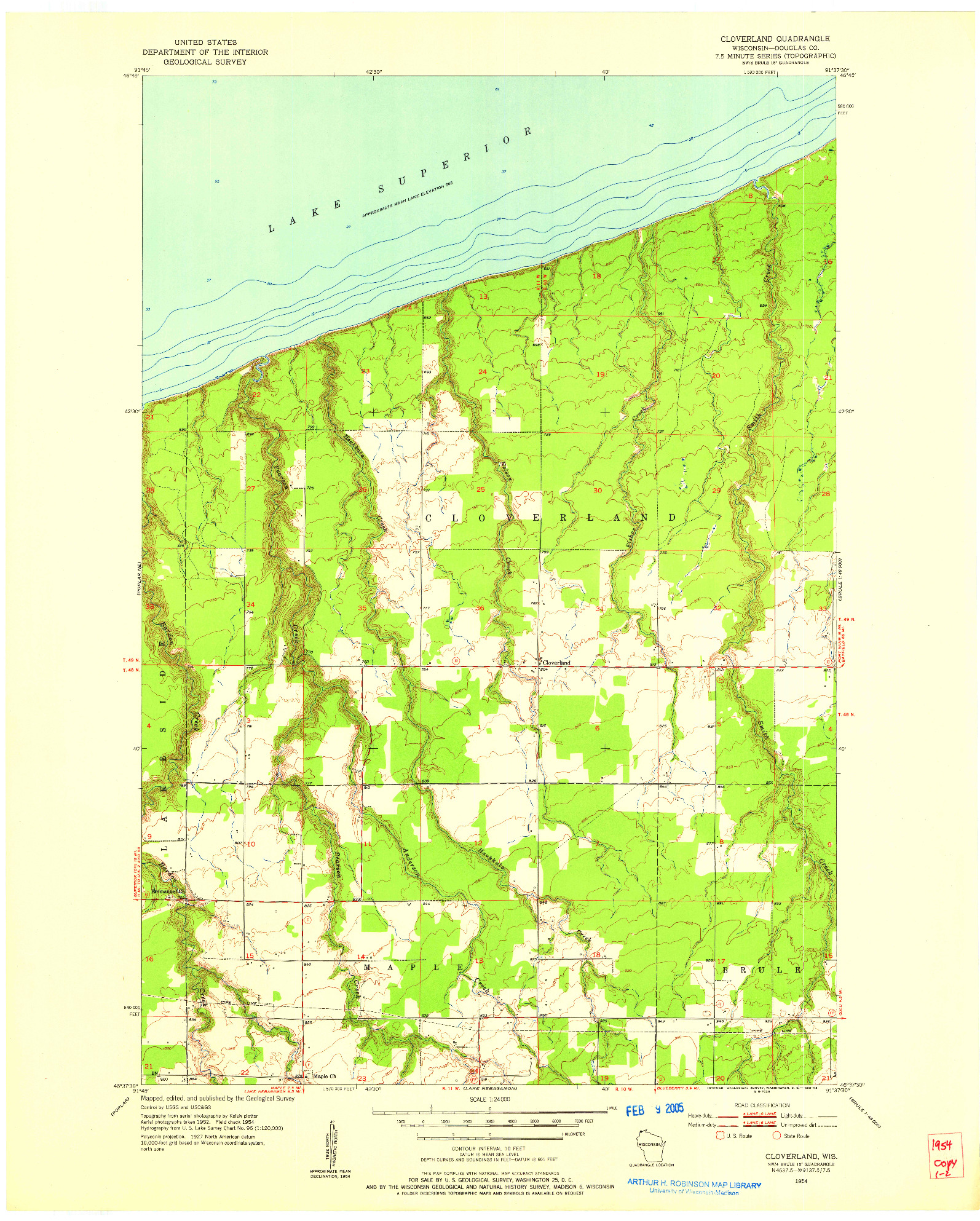 USGS 1:24000-SCALE QUADRANGLE FOR CLOVERLAND, WI 1954