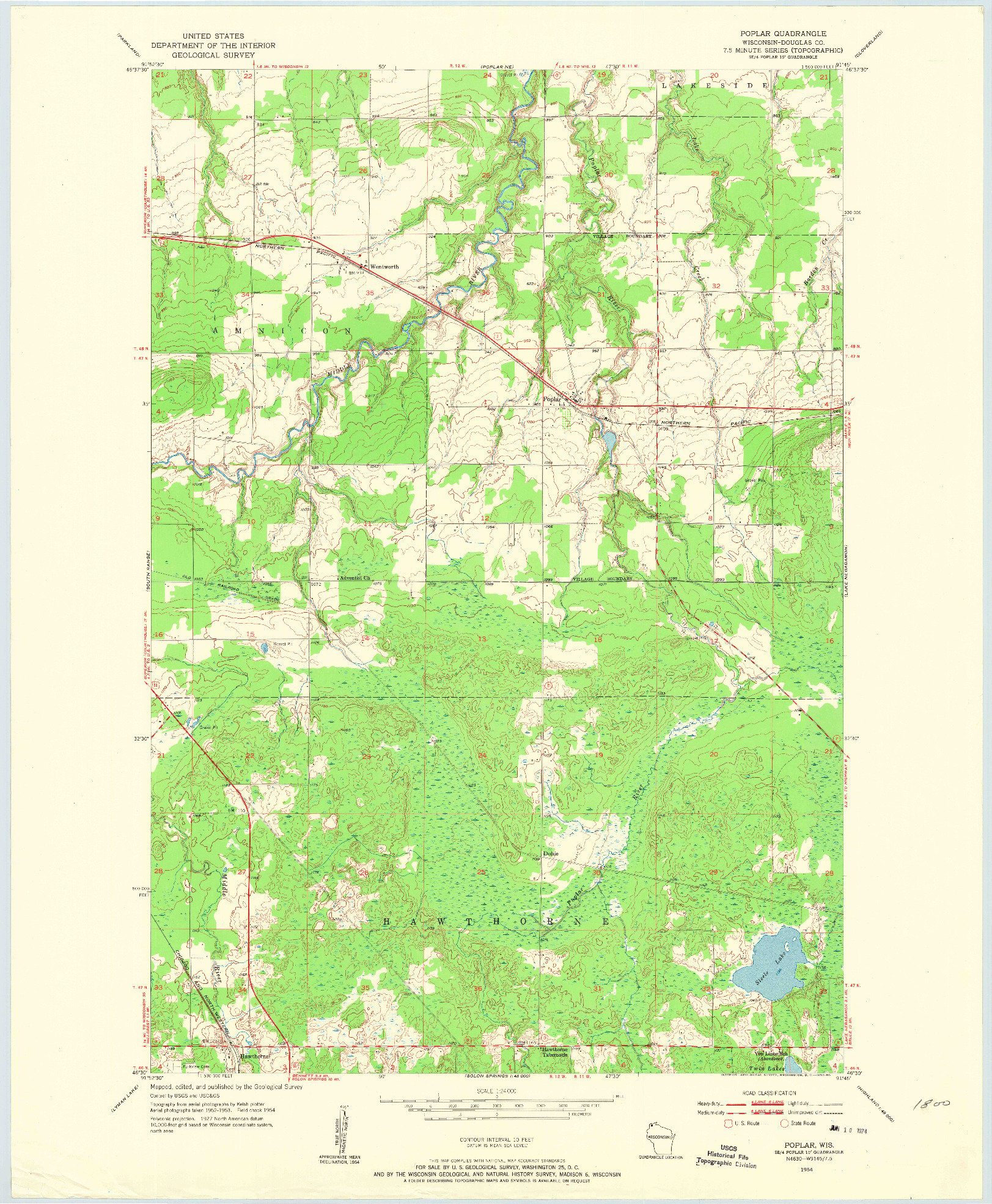 USGS 1:24000-SCALE QUADRANGLE FOR POPLAR, WI 1954
