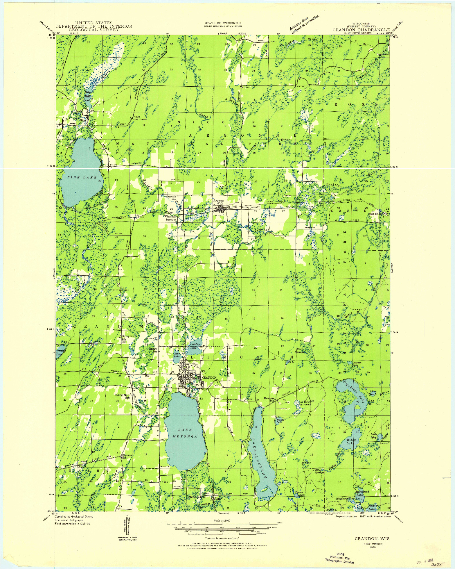 USGS 1:48000-SCALE QUADRANGLE FOR CRANDON, WI 1939