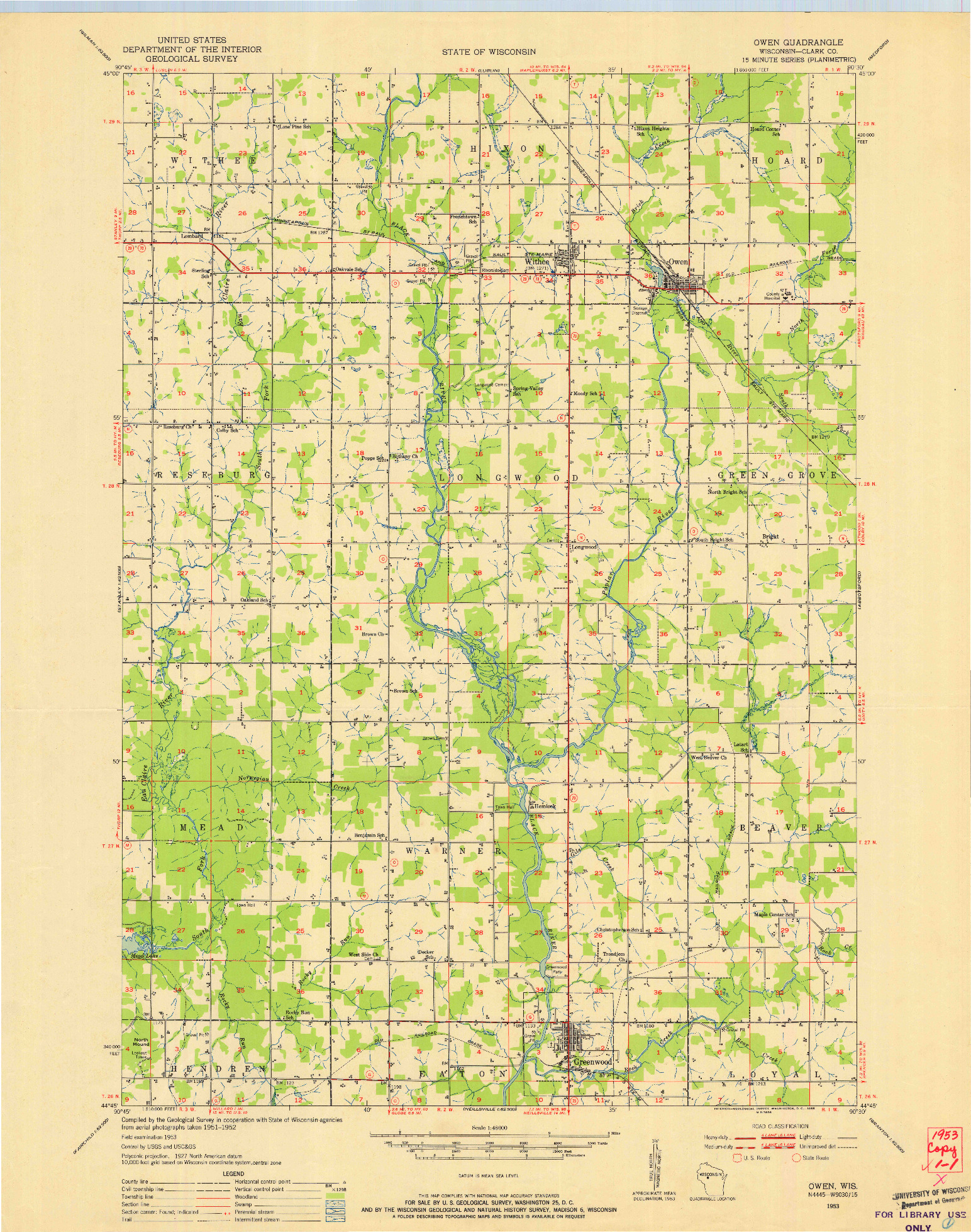USGS 1:48000-SCALE QUADRANGLE FOR OWEN, WI 1953