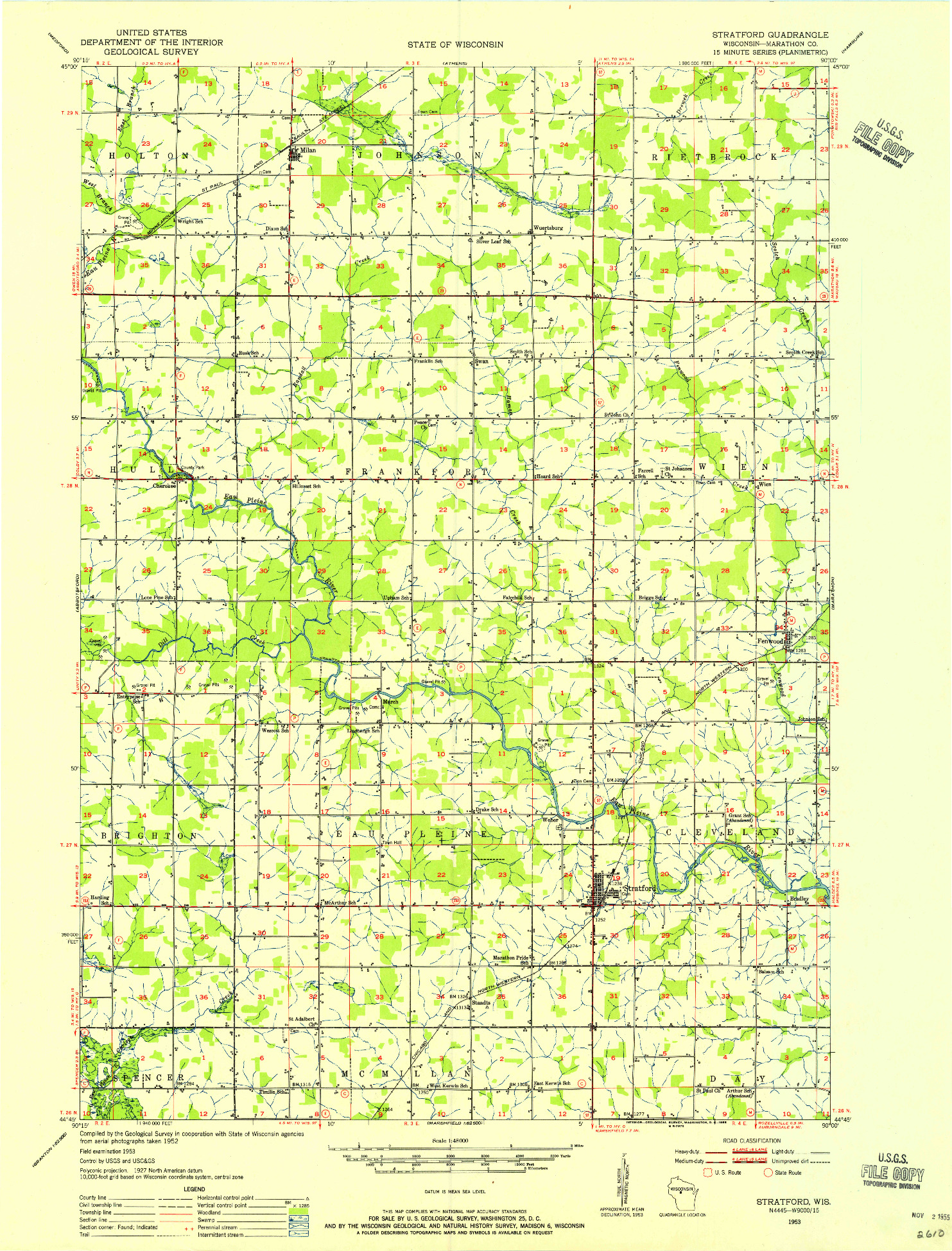 USGS 1:48000-SCALE QUADRANGLE FOR STRATFORD, WI 1953