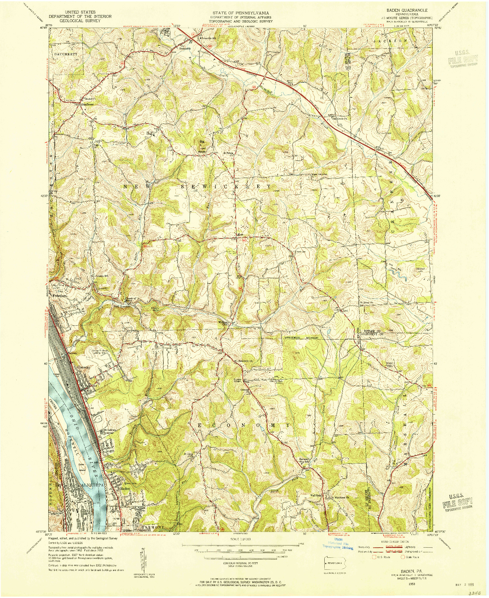 USGS 1:24000-SCALE QUADRANGLE FOR BADEN, PA 1953