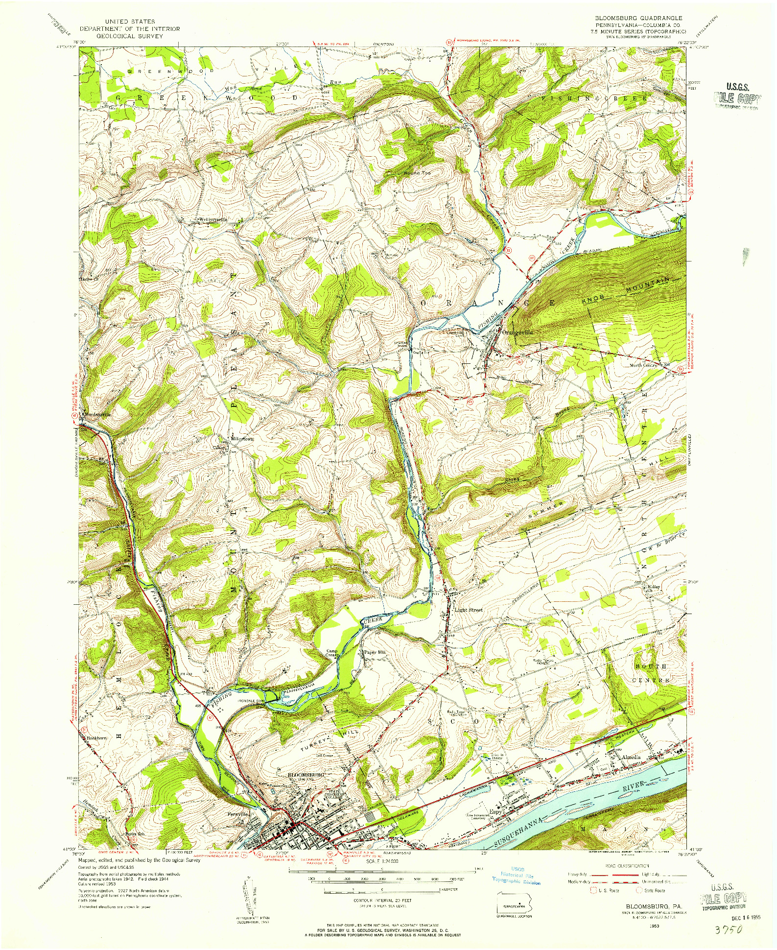 USGS 1:24000-SCALE QUADRANGLE FOR BLOOMSBURG, PA 1953