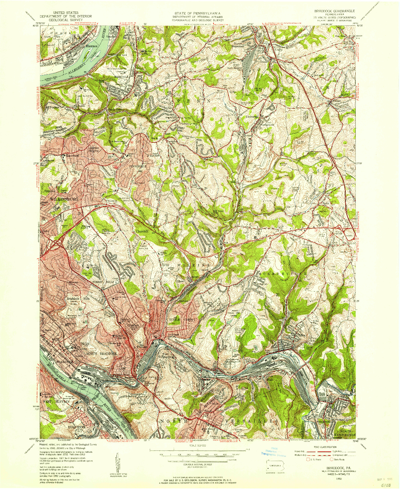 USGS 1:24000-SCALE QUADRANGLE FOR BRADDOCK, PA 1953