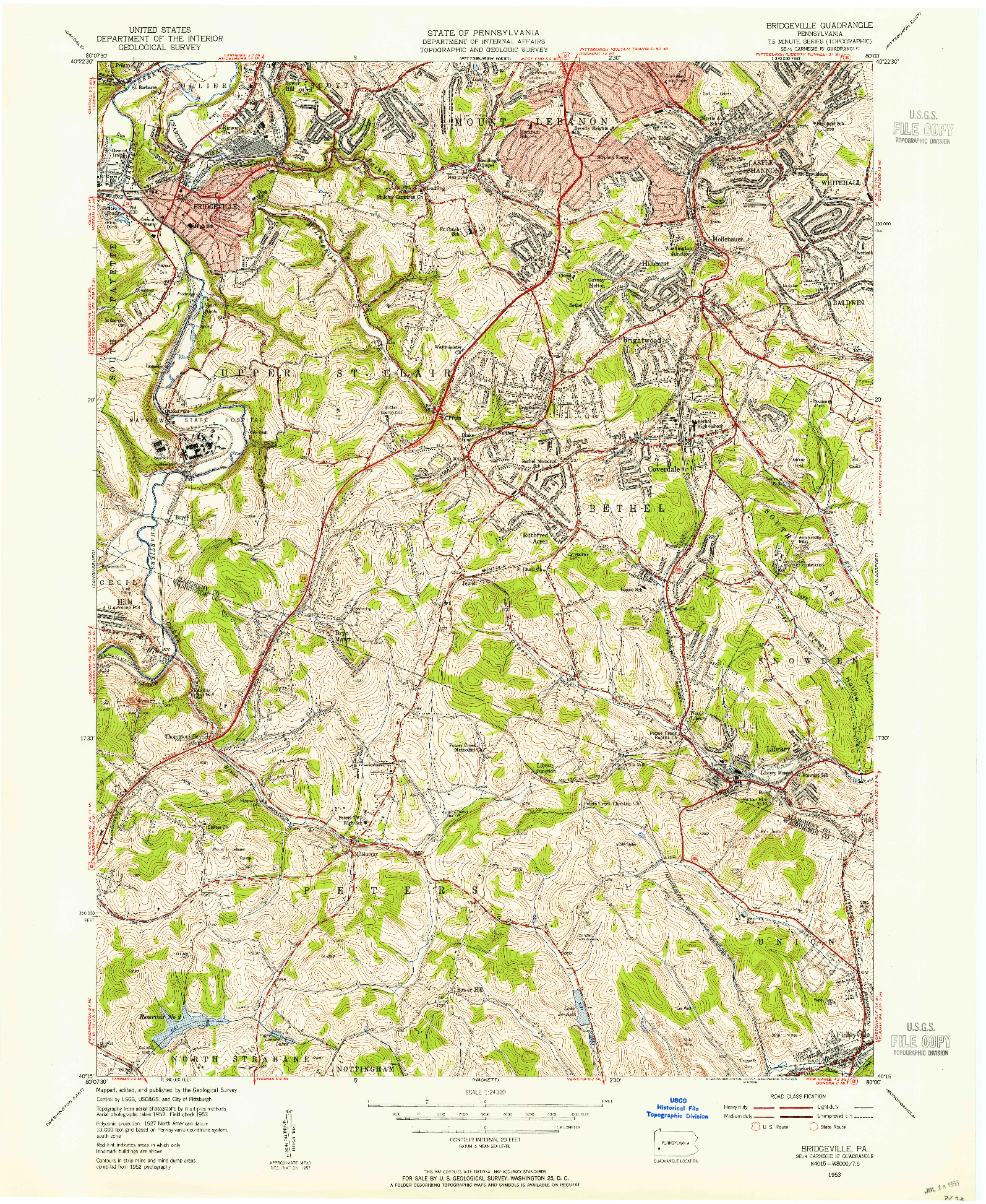 USGS 1:24000-SCALE QUADRANGLE FOR BRIDGEVILLE, PA 1953