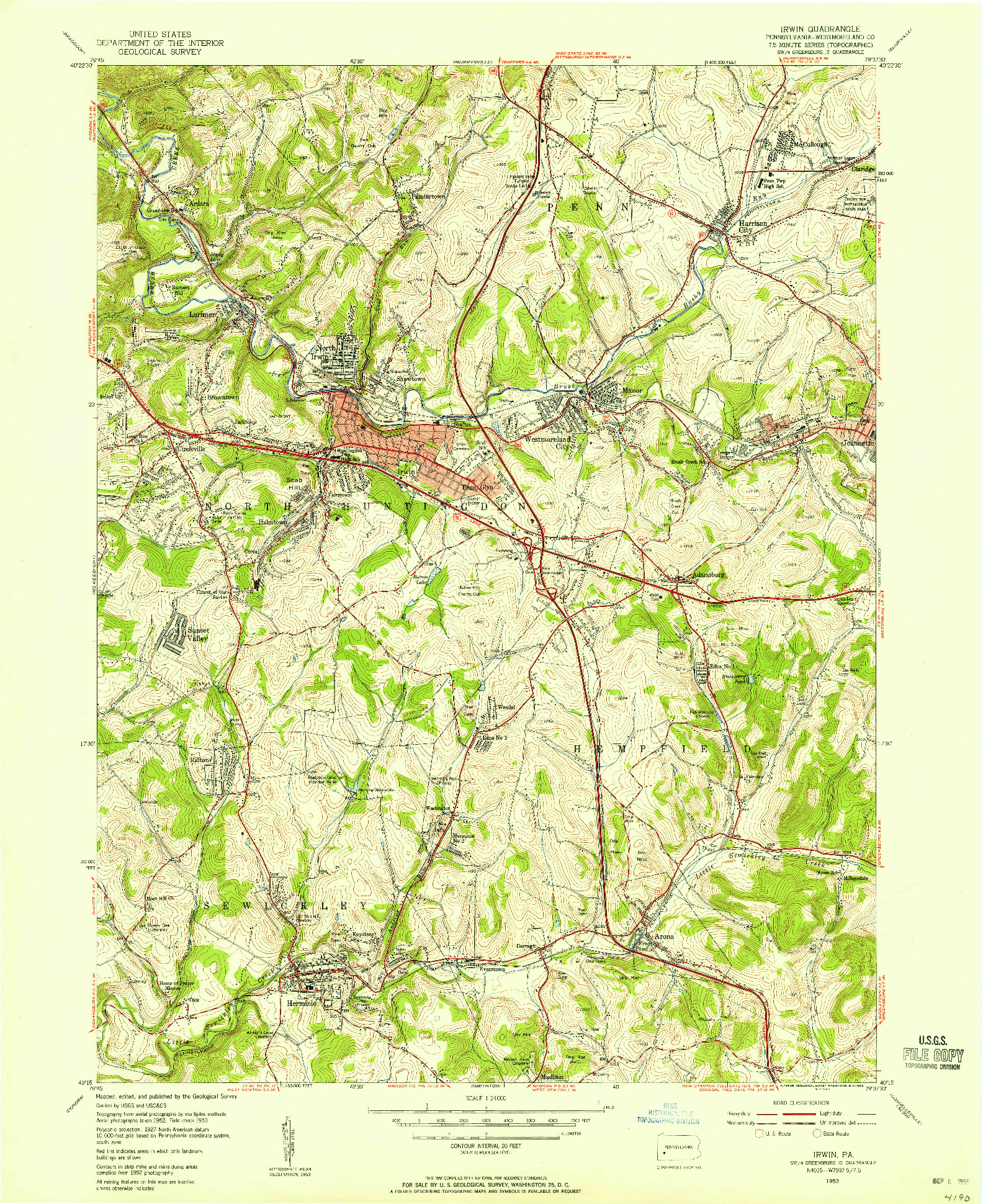 USGS 1:24000-SCALE QUADRANGLE FOR IRWIN, PA 1953