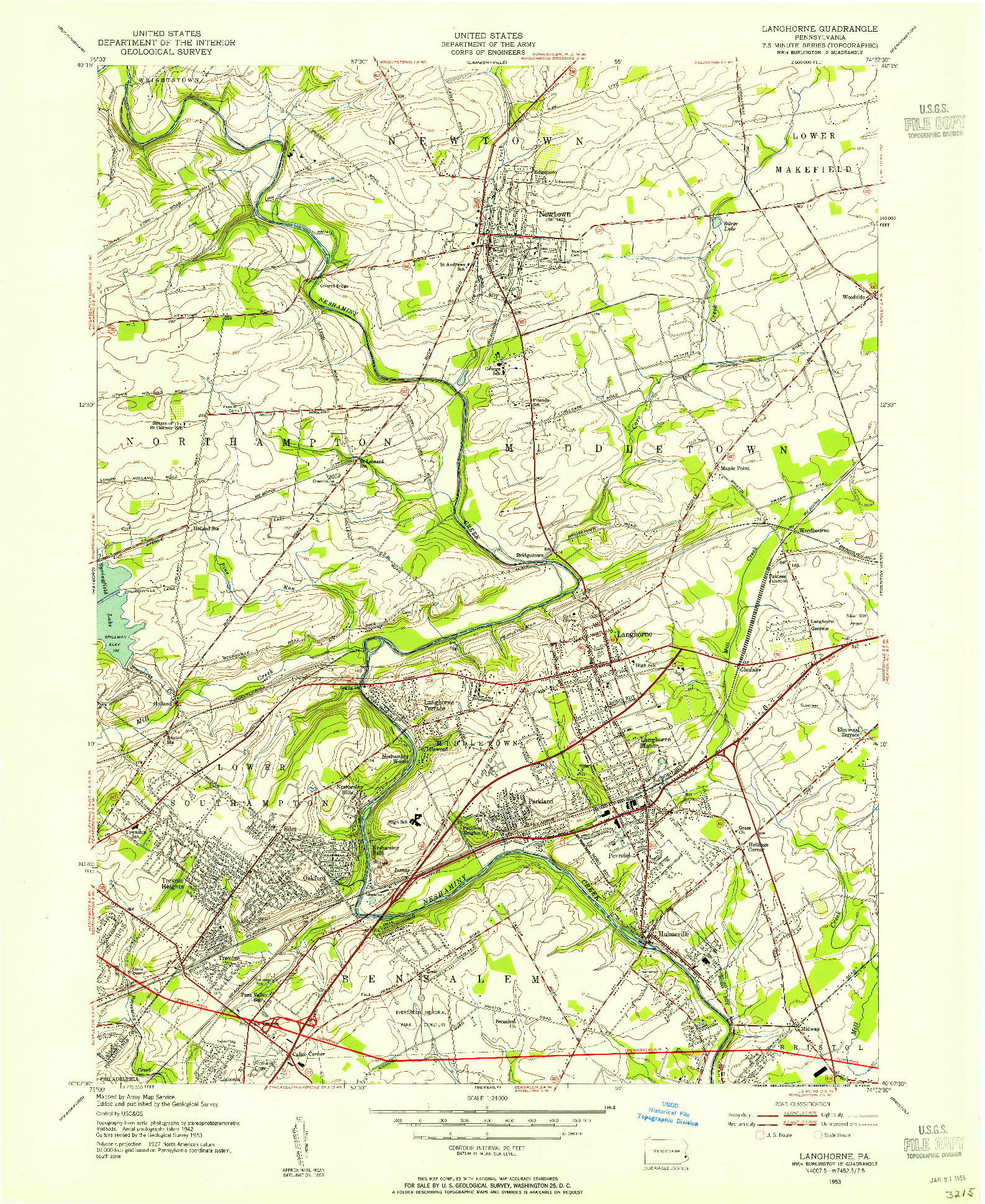 USGS 1:24000-SCALE QUADRANGLE FOR LANGHORNE, PA 1953