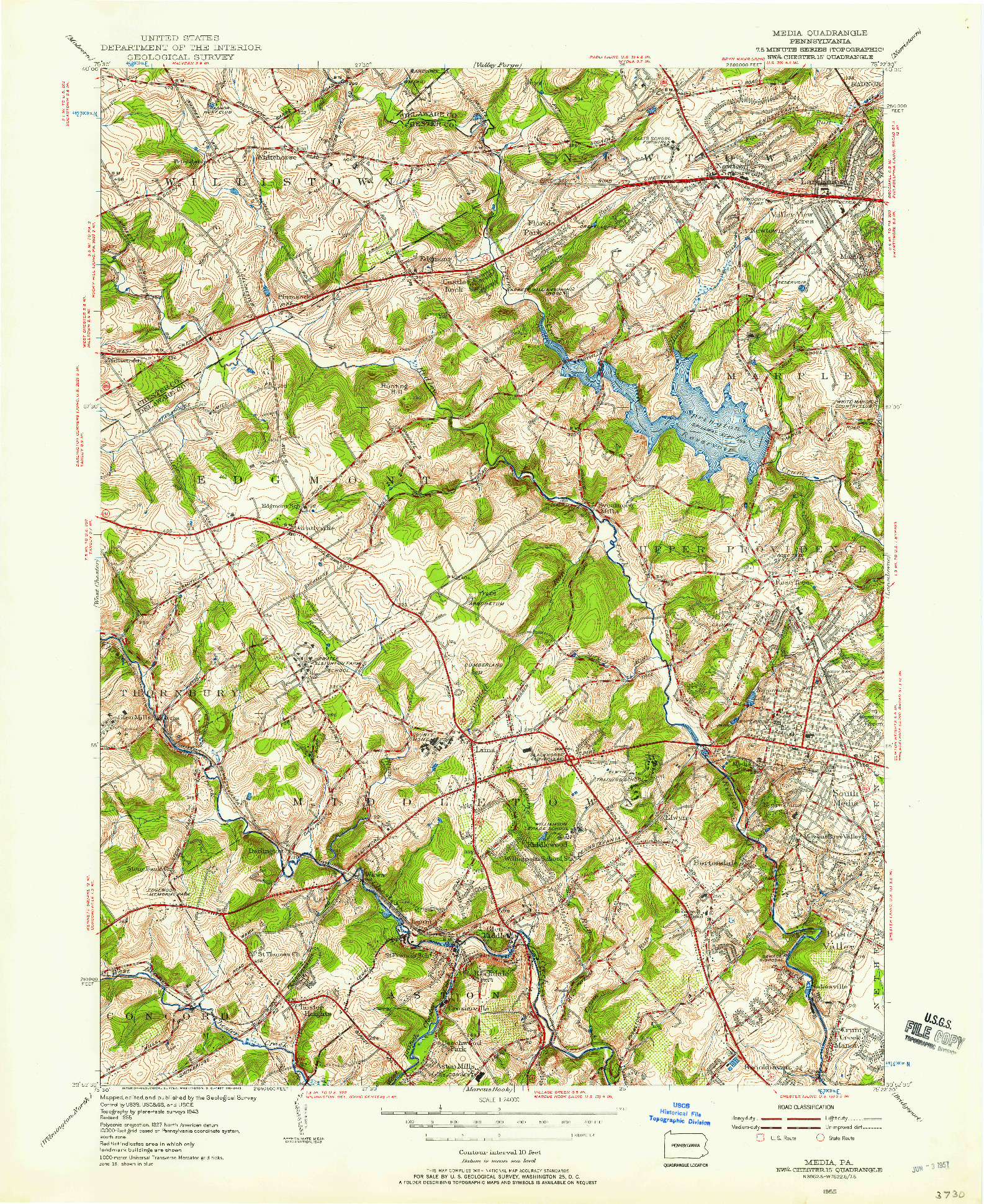 USGS 1:24000-SCALE QUADRANGLE FOR MEDIA, PA 1955