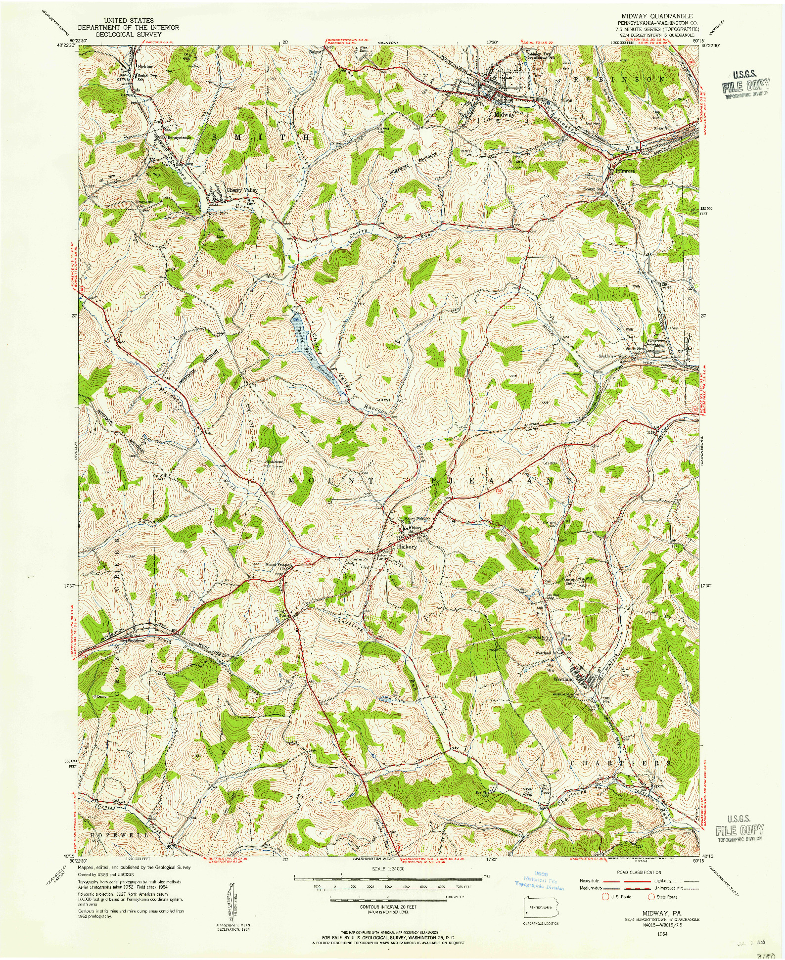 USGS 1:24000-SCALE QUADRANGLE FOR MIDWAY, PA 1954