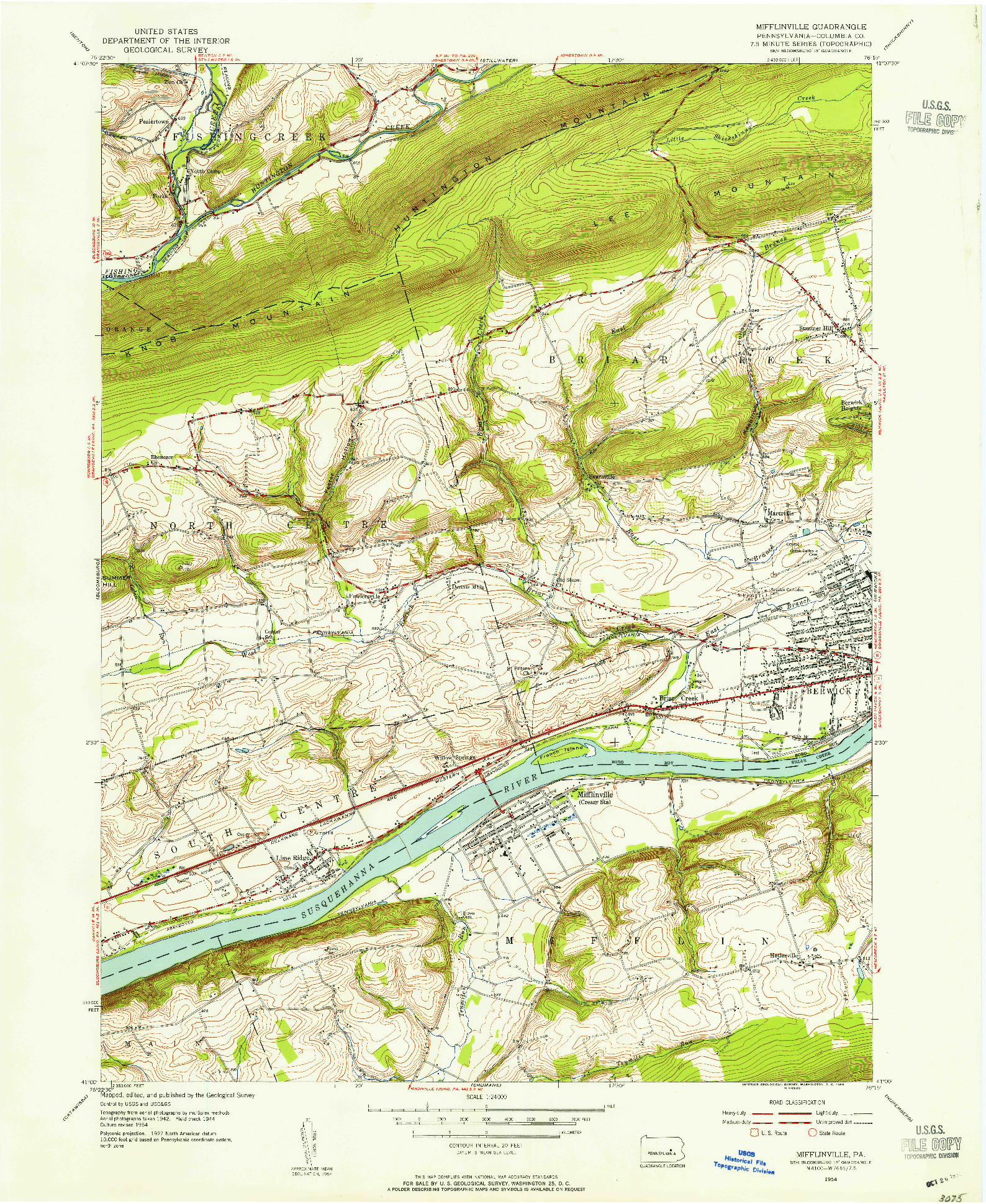 USGS 1:24000-SCALE QUADRANGLE FOR MIFFLINVILLE, PA 1954