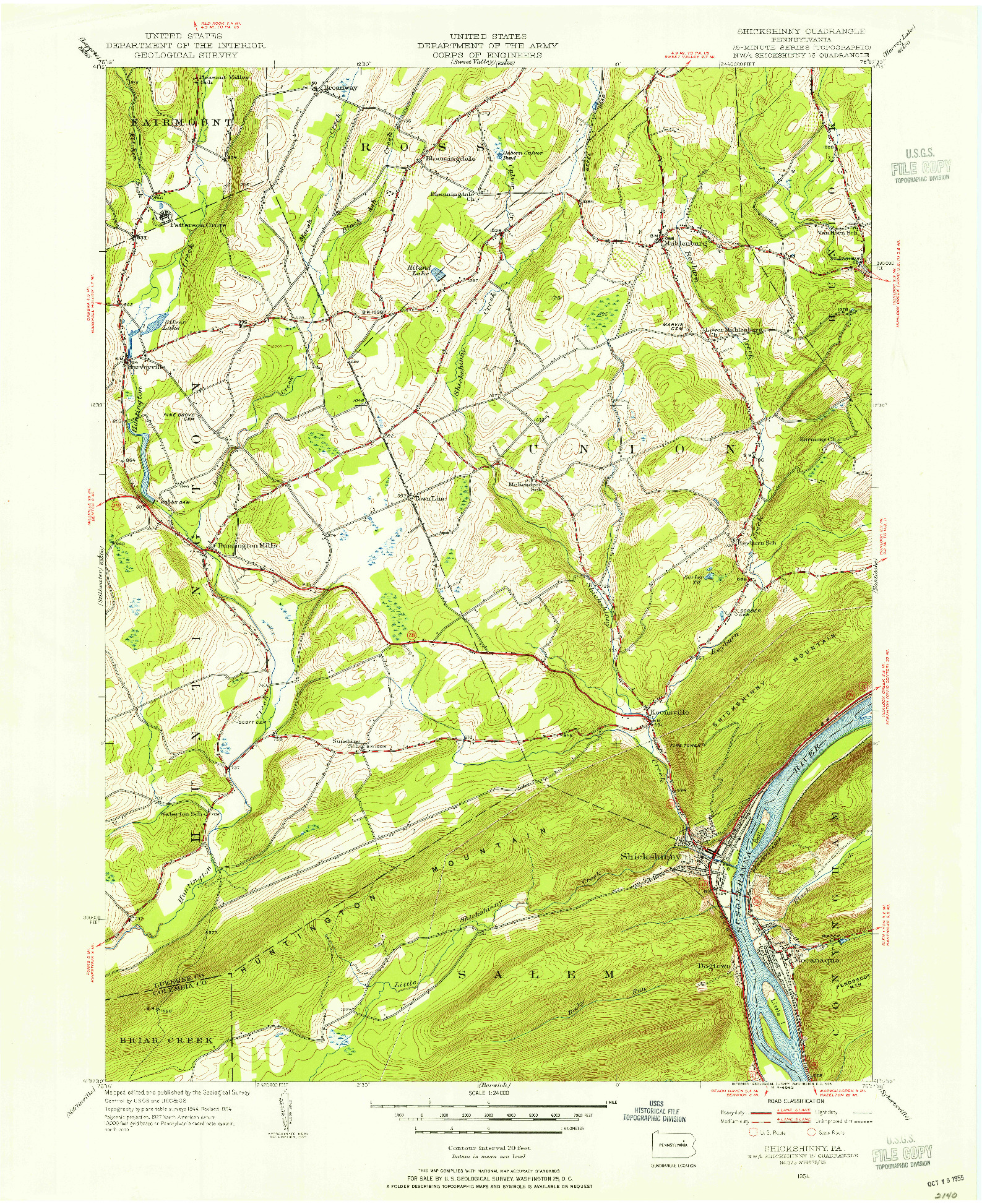 USGS 1:24000-SCALE QUADRANGLE FOR SHICKSHINNY, PA 1954