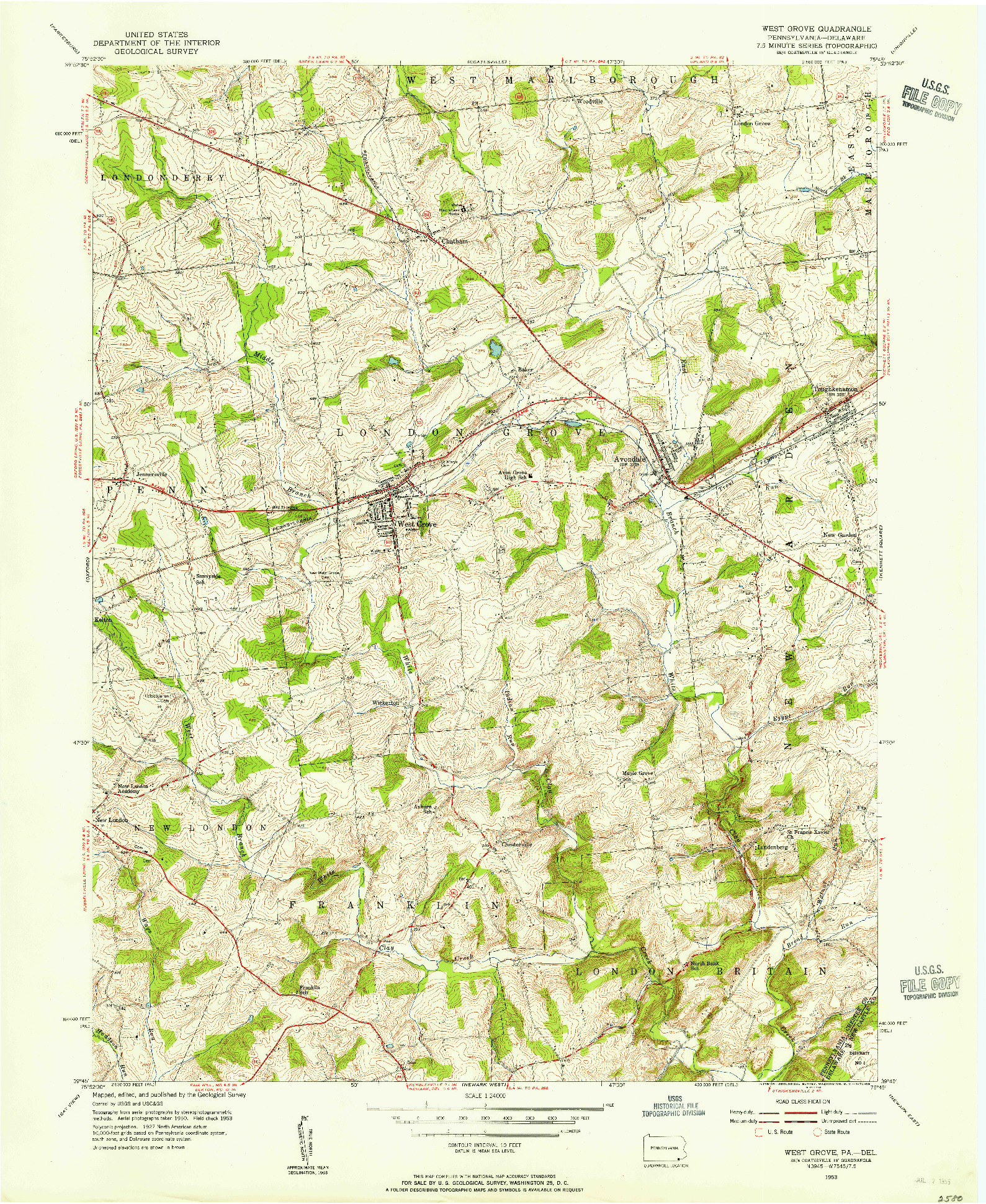 USGS 1:24000-SCALE QUADRANGLE FOR WEST GROVE, PA 1953