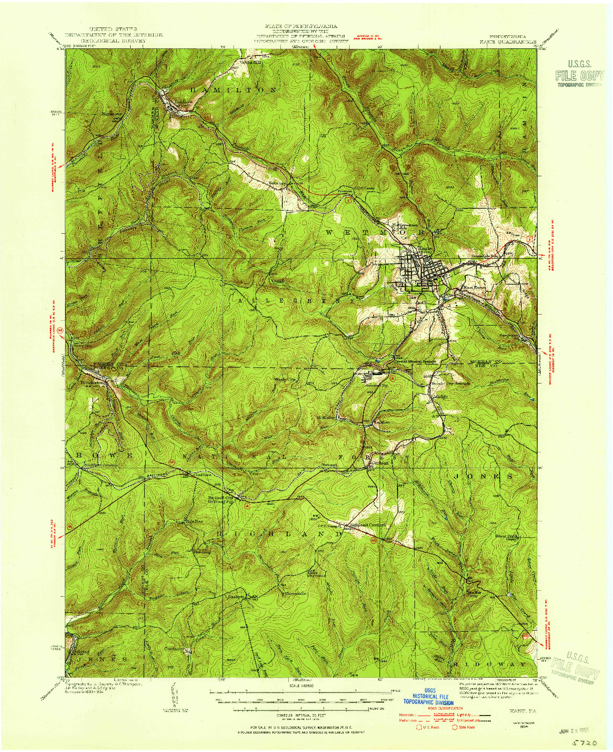 USGS 1:62500-SCALE QUADRANGLE FOR KANE, PA 1934