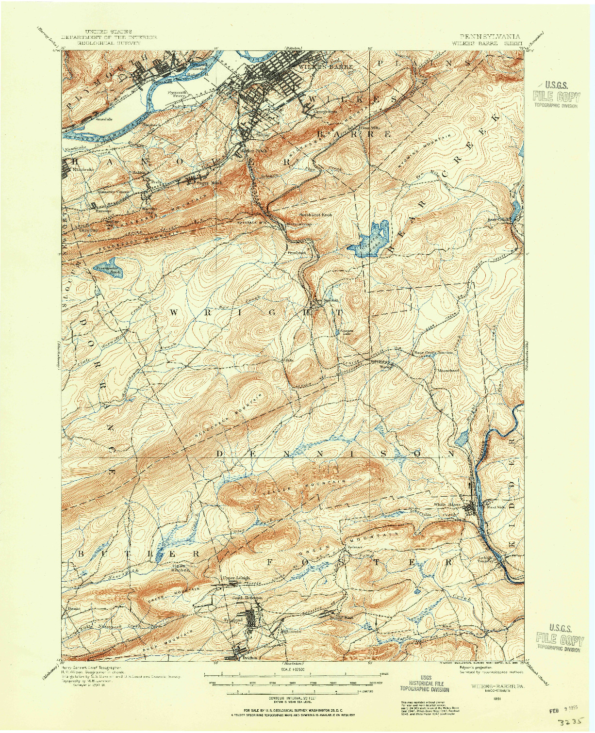 USGS 1:62500-SCALE QUADRANGLE FOR WILKES-BARRE, PA 1891