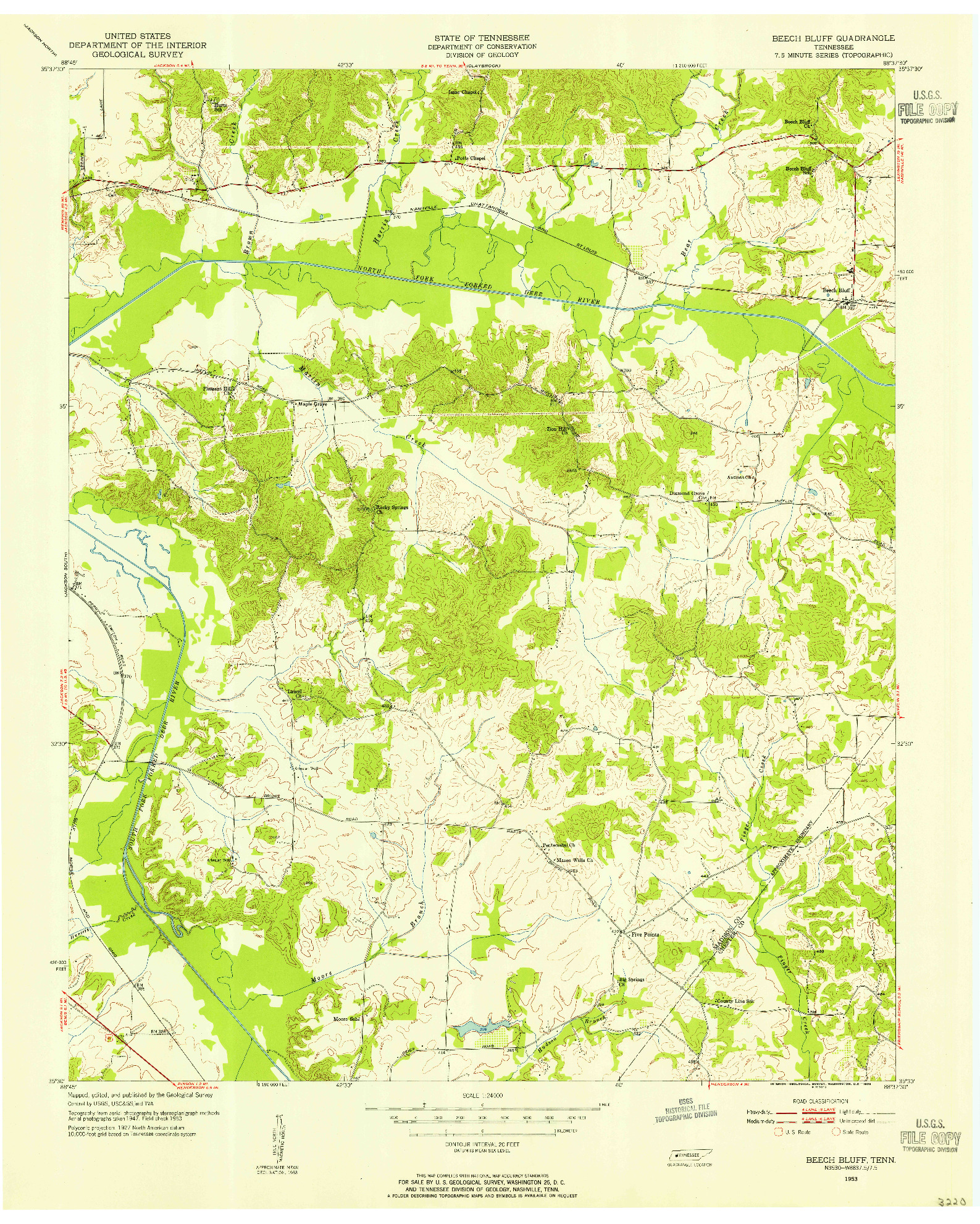 USGS 1:24000-SCALE QUADRANGLE FOR BEECH BLUFF, TN 1953