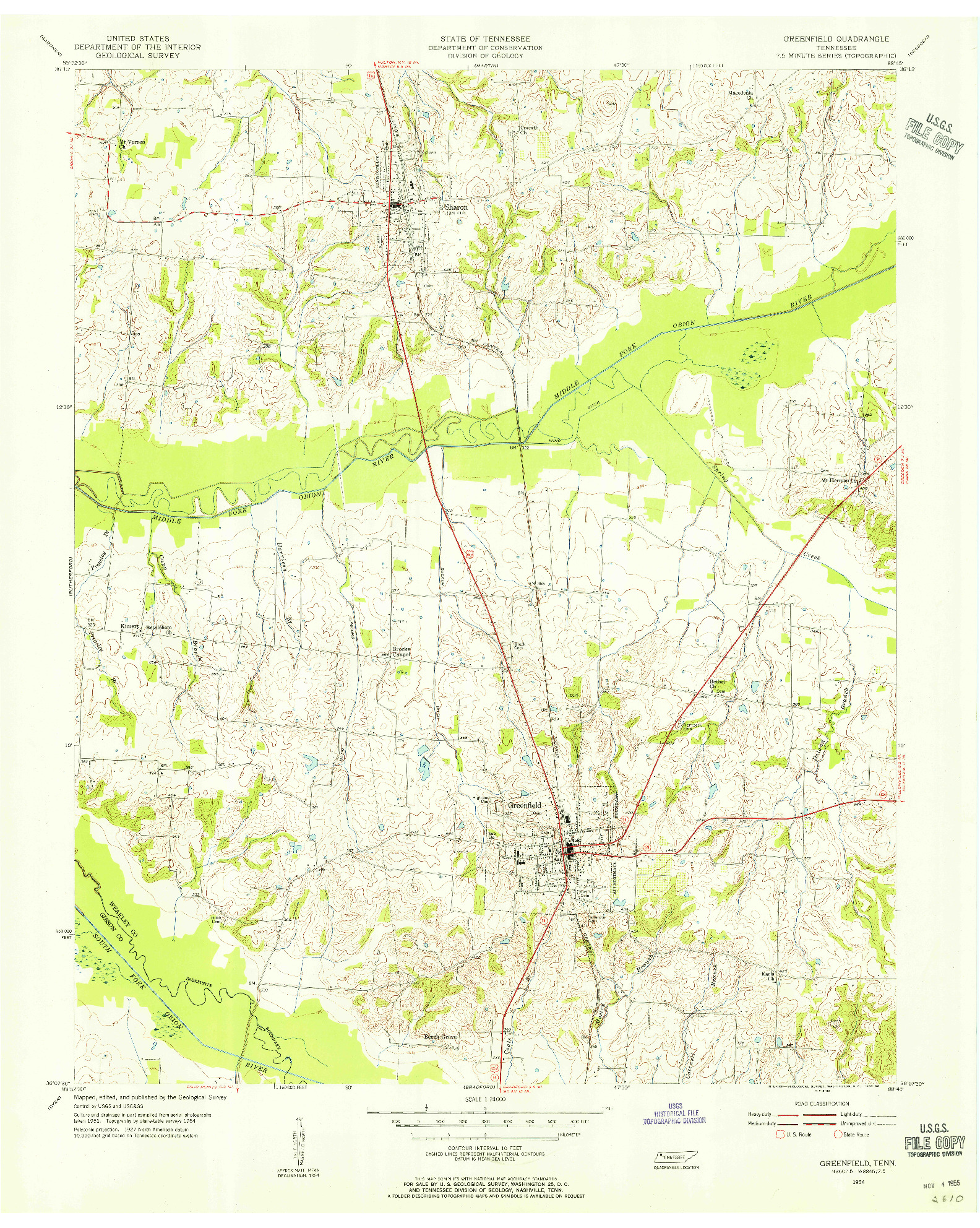 USGS 1:24000-SCALE QUADRANGLE FOR GREENFIELD, TN 1954