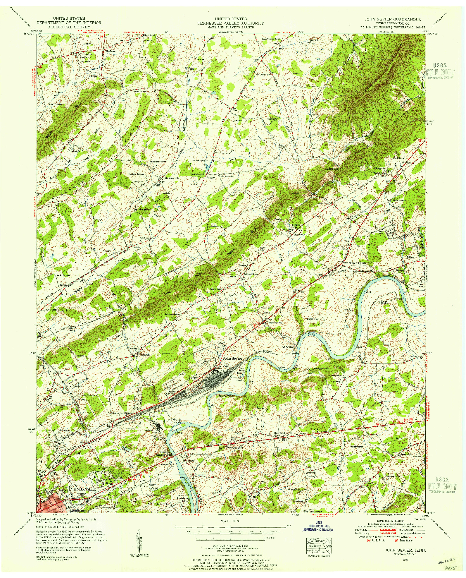 USGS 1:24000-SCALE QUADRANGLE FOR JOHN SEVIER, TN 1953
