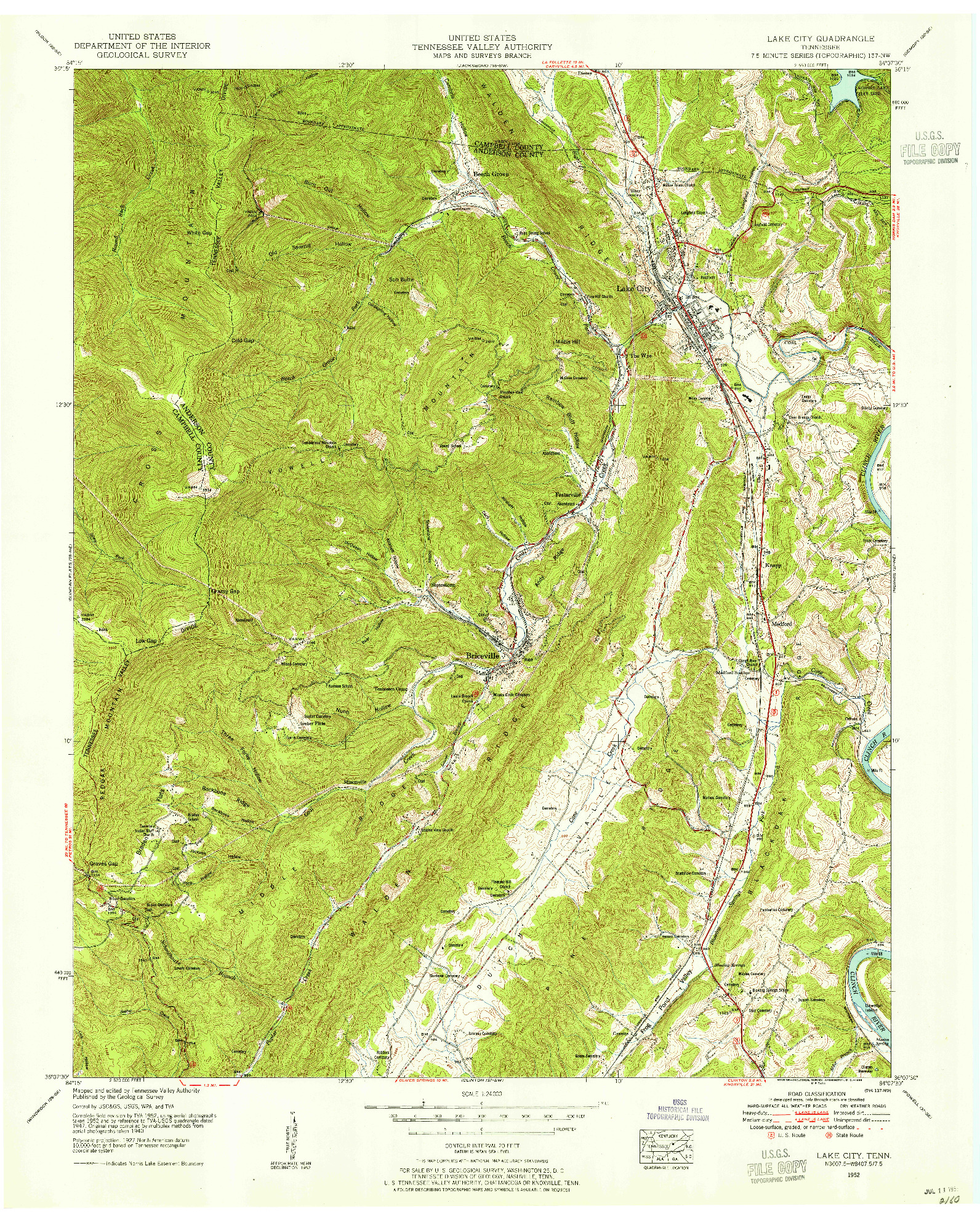 USGS 1:24000-SCALE QUADRANGLE FOR LAKE CITY, TN 1952