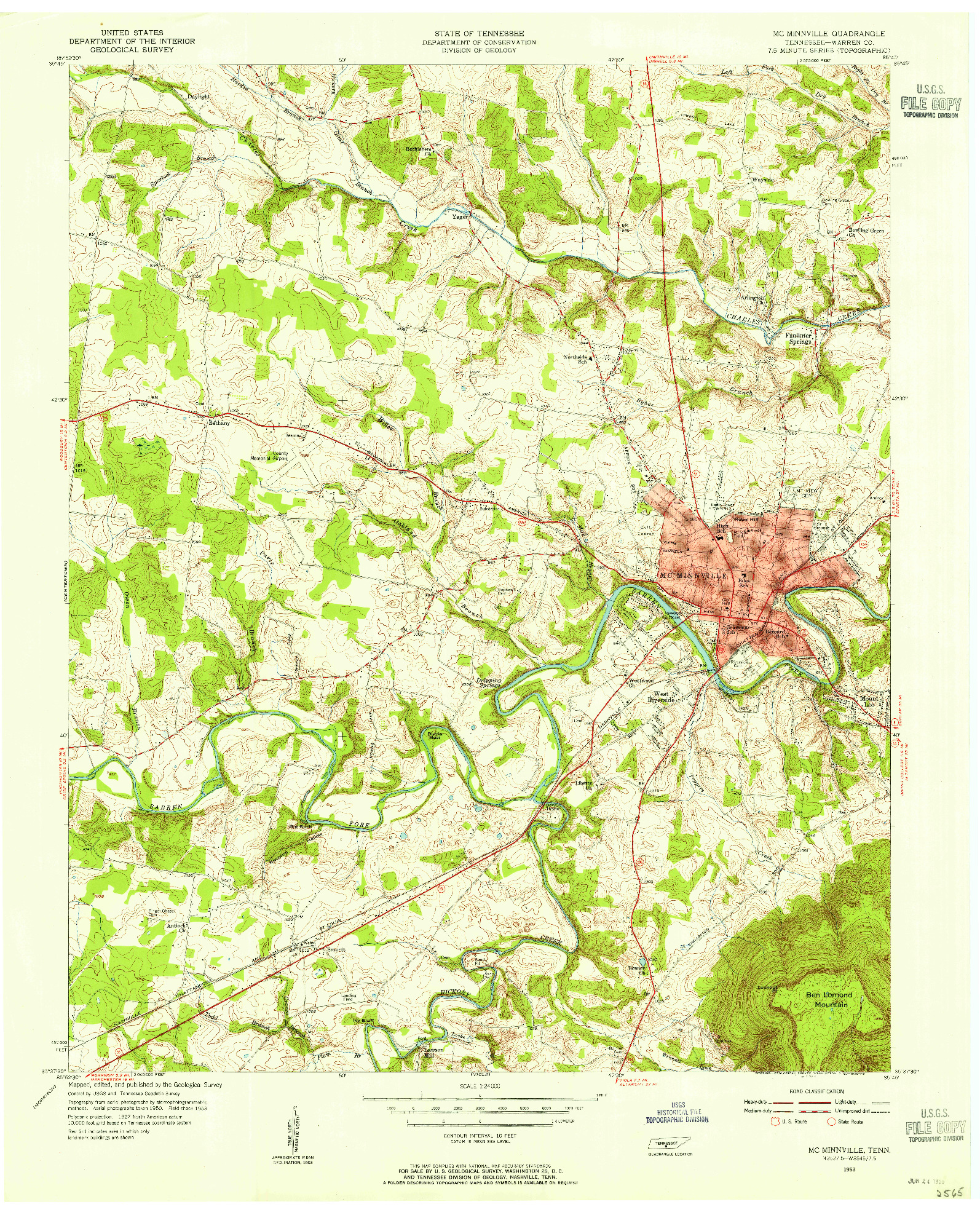 USGS 1:24000-SCALE QUADRANGLE FOR MC MINNVILLE, TN 1953