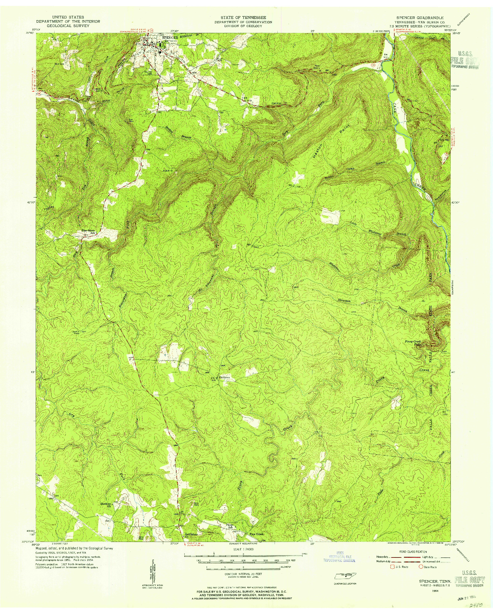 USGS 1:24000-SCALE QUADRANGLE FOR SPENCER, TN 1954