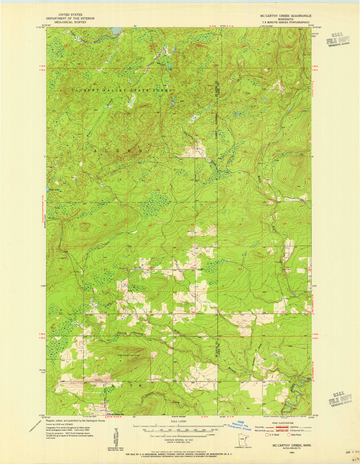 USGS 1:24000-SCALE QUADRANGLE FOR MC CARTHY CREEK, MN 1954