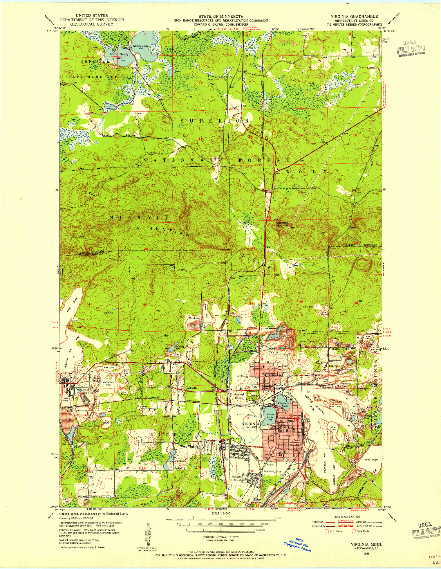 USGS 1:24000-SCALE QUADRANGLE FOR VIRGINIA, MN 1951