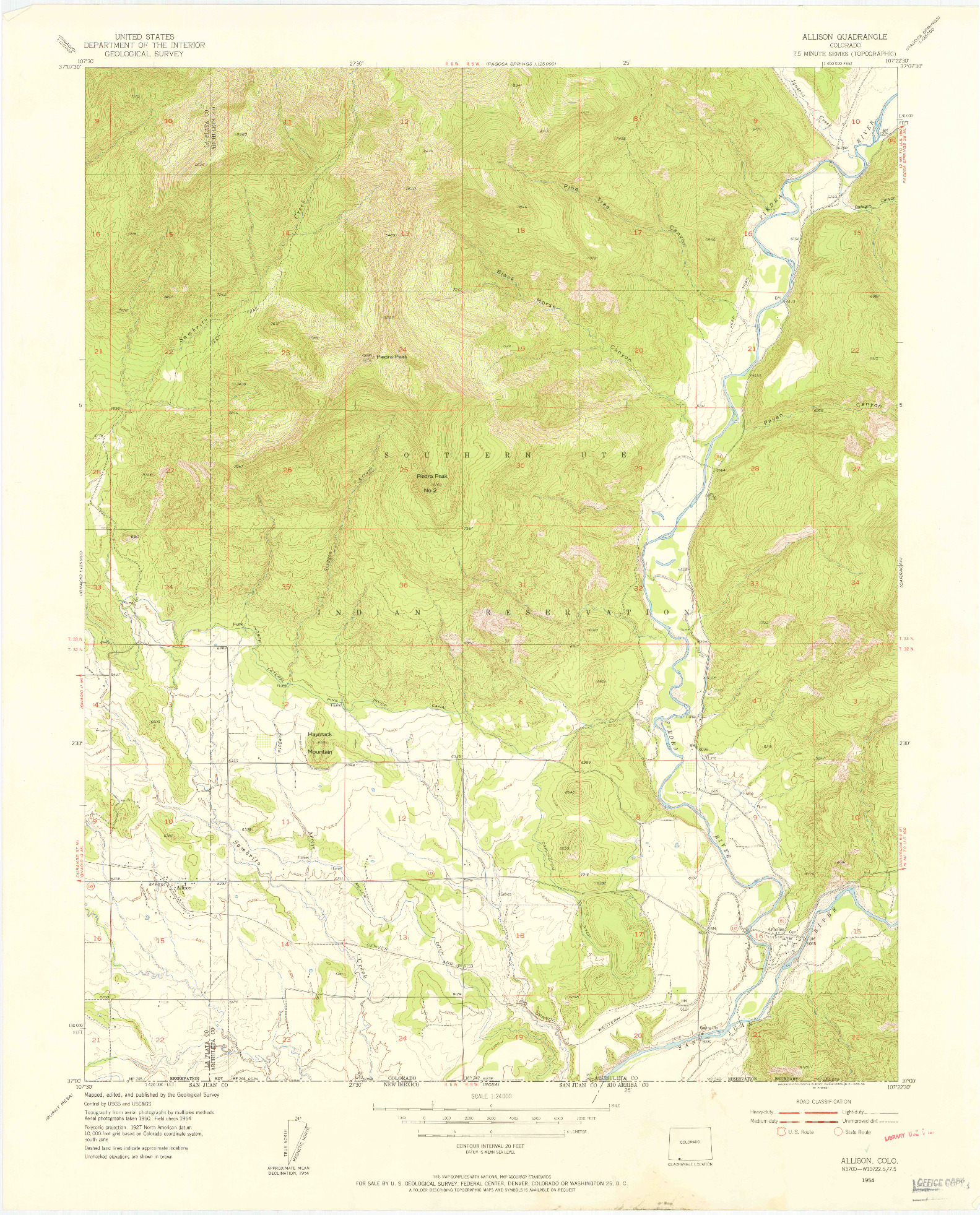 USGS 1:24000-SCALE QUADRANGLE FOR ALLISON, CO 1954