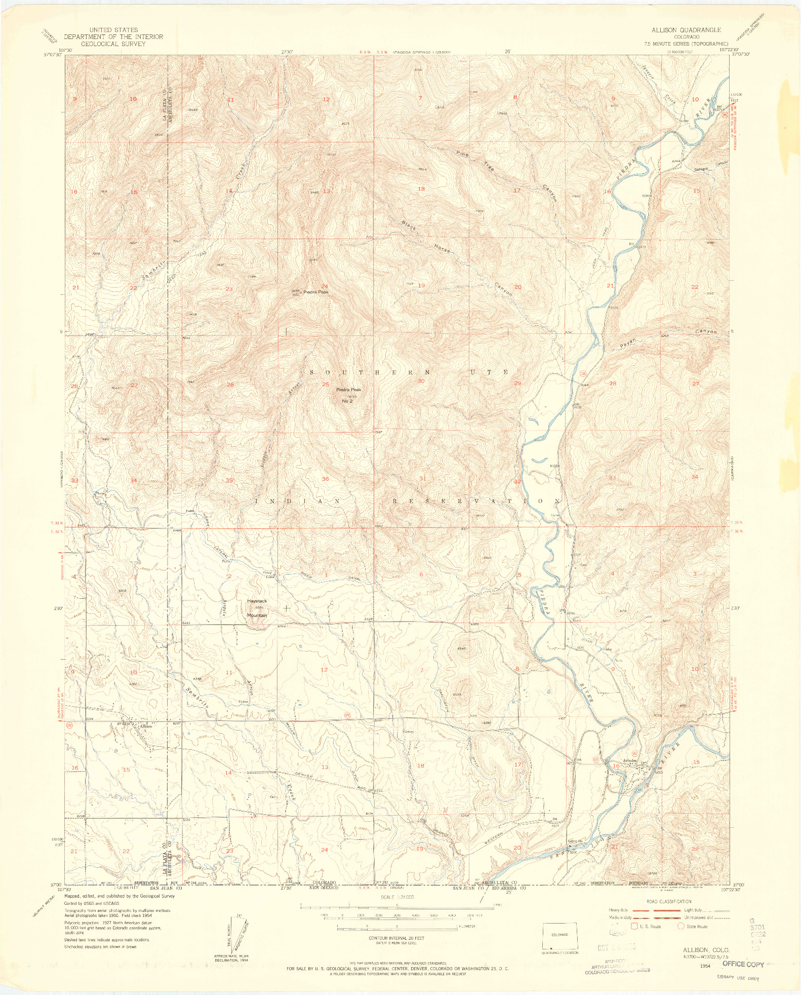 USGS 1:24000-SCALE QUADRANGLE FOR ALLISON, CO 1954