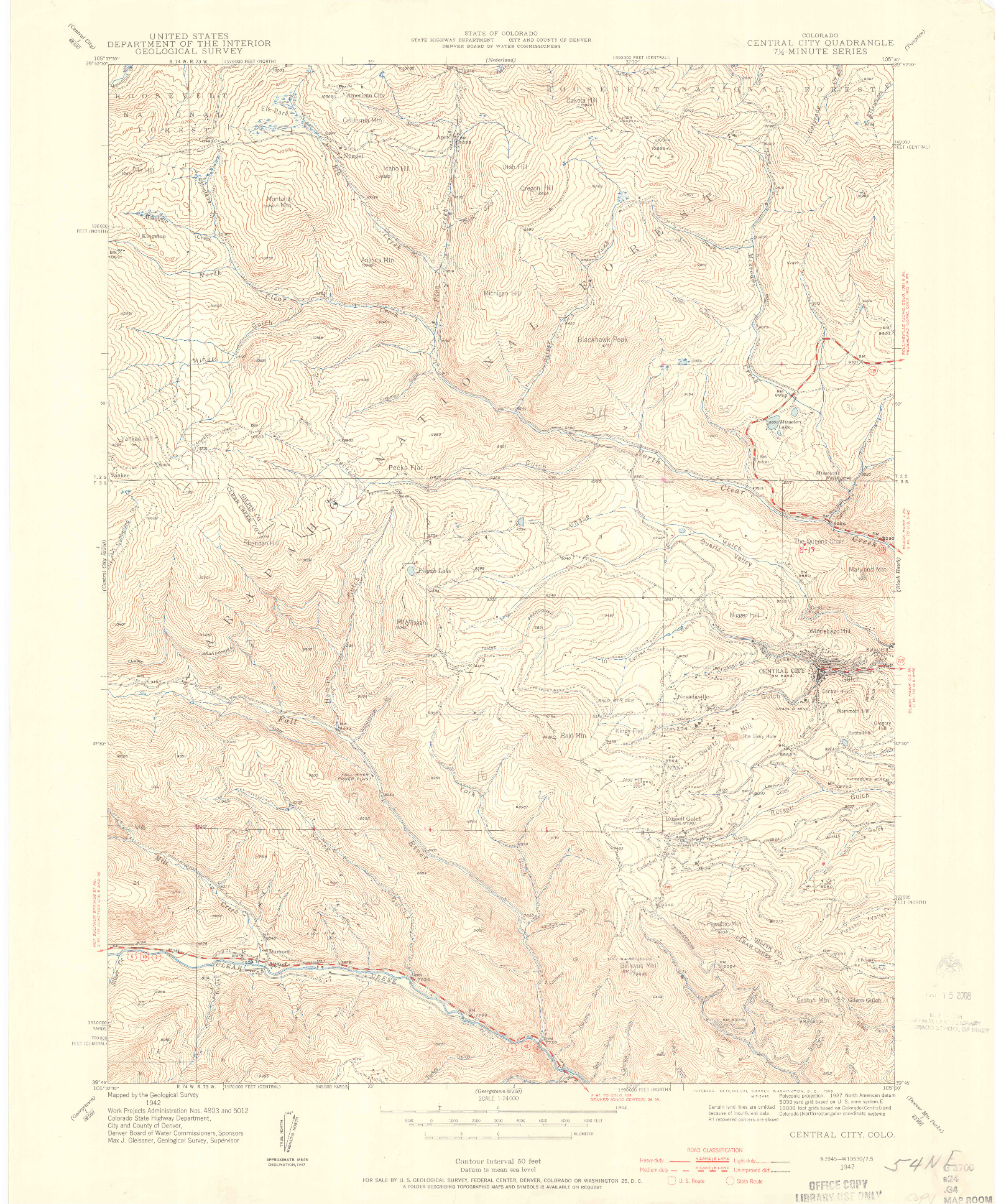 USGS 1:24000-SCALE QUADRANGLE FOR CENTRAL CITY, CO 1942